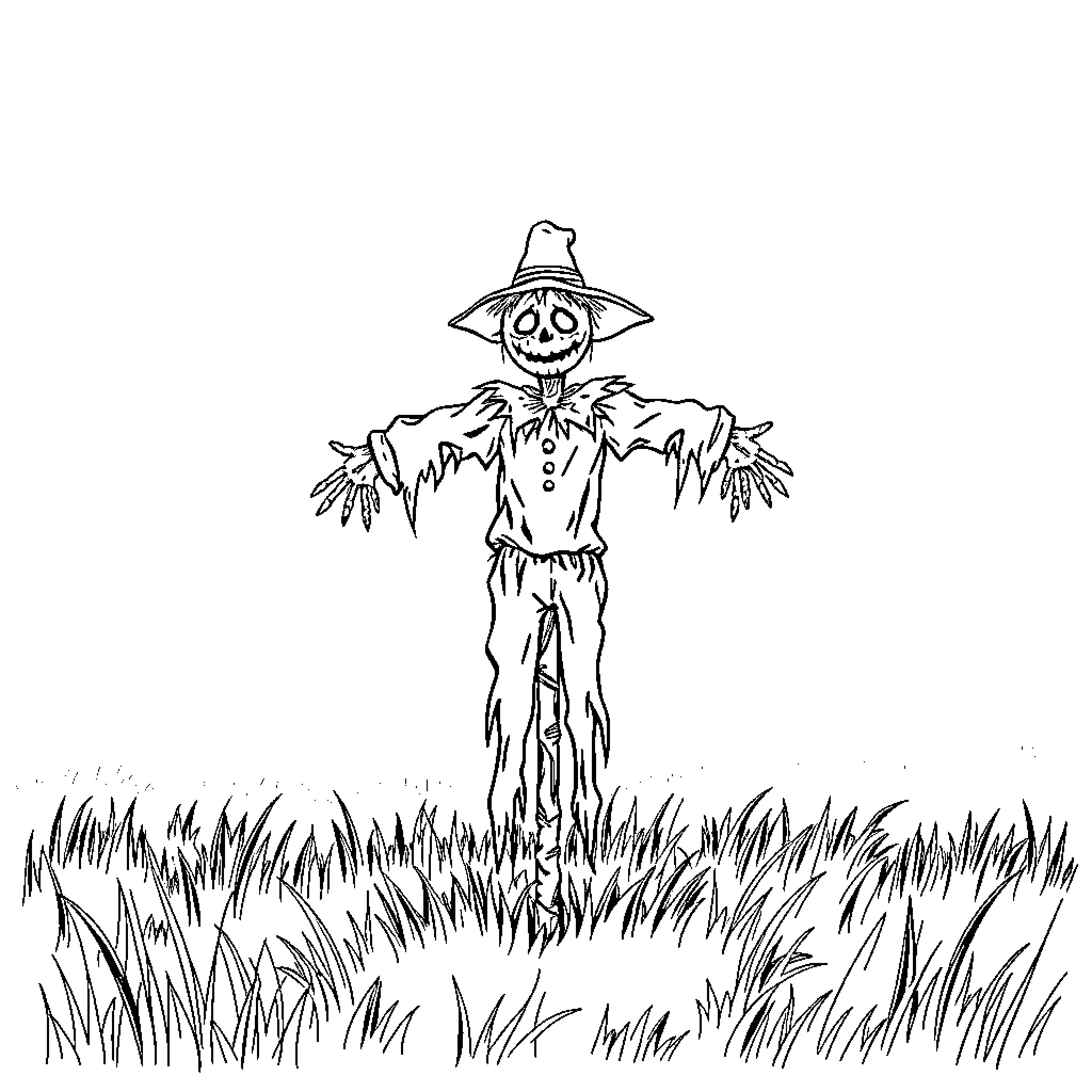 Scarecrow standing tall in a field Coloring Page (free black-and-white line drawing printable PDF for all, from beginners to advanced learners, including children, teens, adults, and seniors)