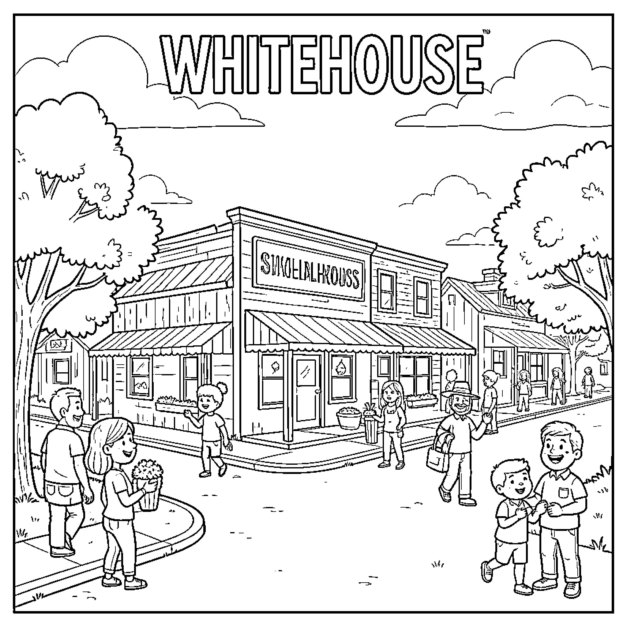 Whitehouse characters walking and interacting in a small town Coloring Page (free black-and-white line drawing printable PDF for all, from beginners to advanced learners, including children, teens, adults, and seniors)