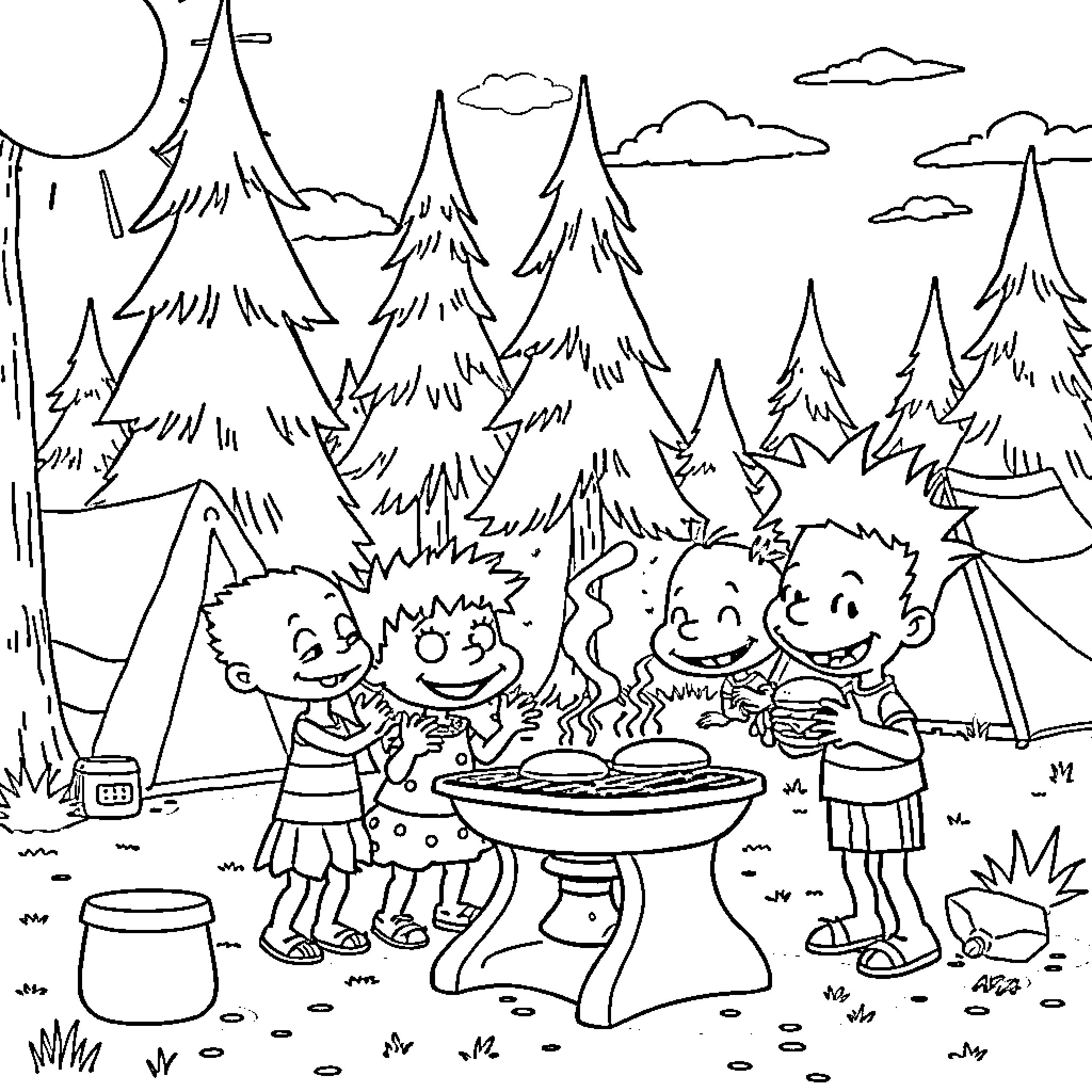 Rugrats Camping Adventure in the Wilderness Coloring Page (free black-and-white line drawing printable PDF for all, from beginners to advanced learners, including children, teens, adults, and seniors)