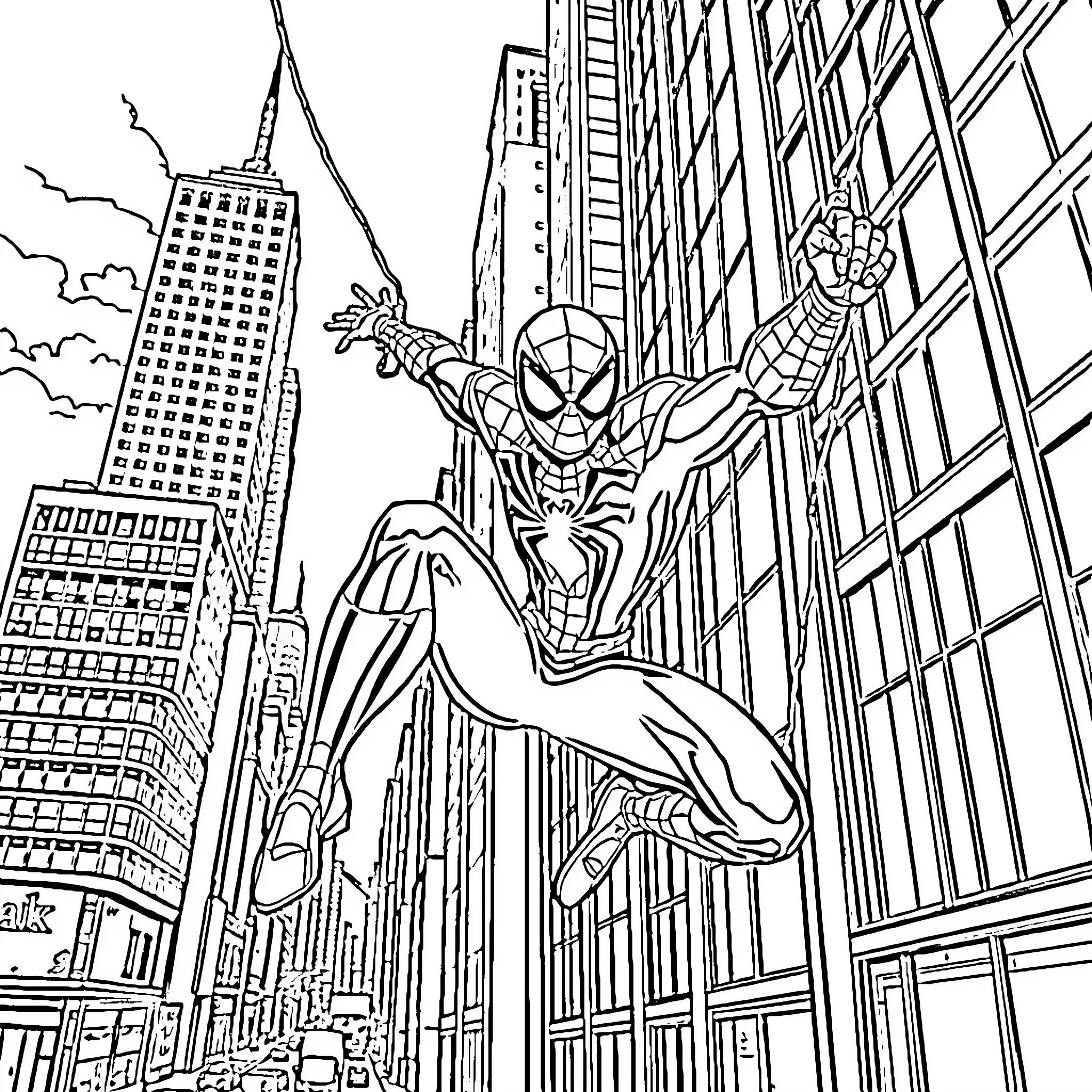 Spiderman swinging through the city skyline Coloring Page (free black-and-white line drawing printable PDF for all, from beginners to advanced learners, including children, teens, adults, and seniors)