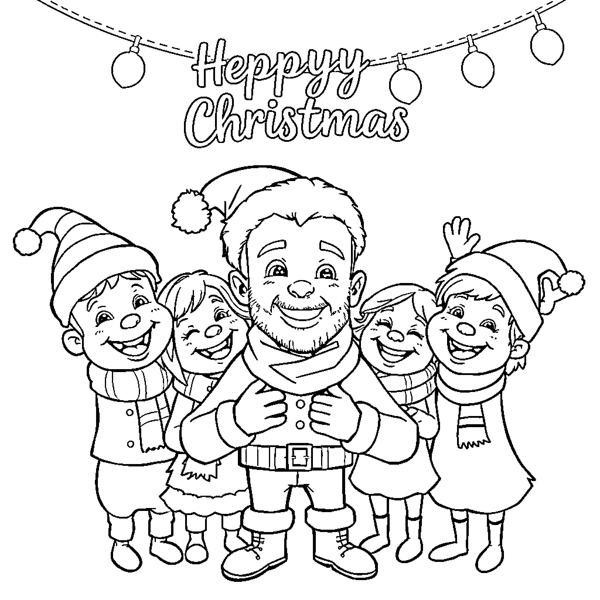 Bob Timberlake's Happy Family Celebrating Christmas Coloring Page (free black-and-white line drawing printable PDF for all, from beginners to advanced learners, including children, teens, adults, and seniors)
