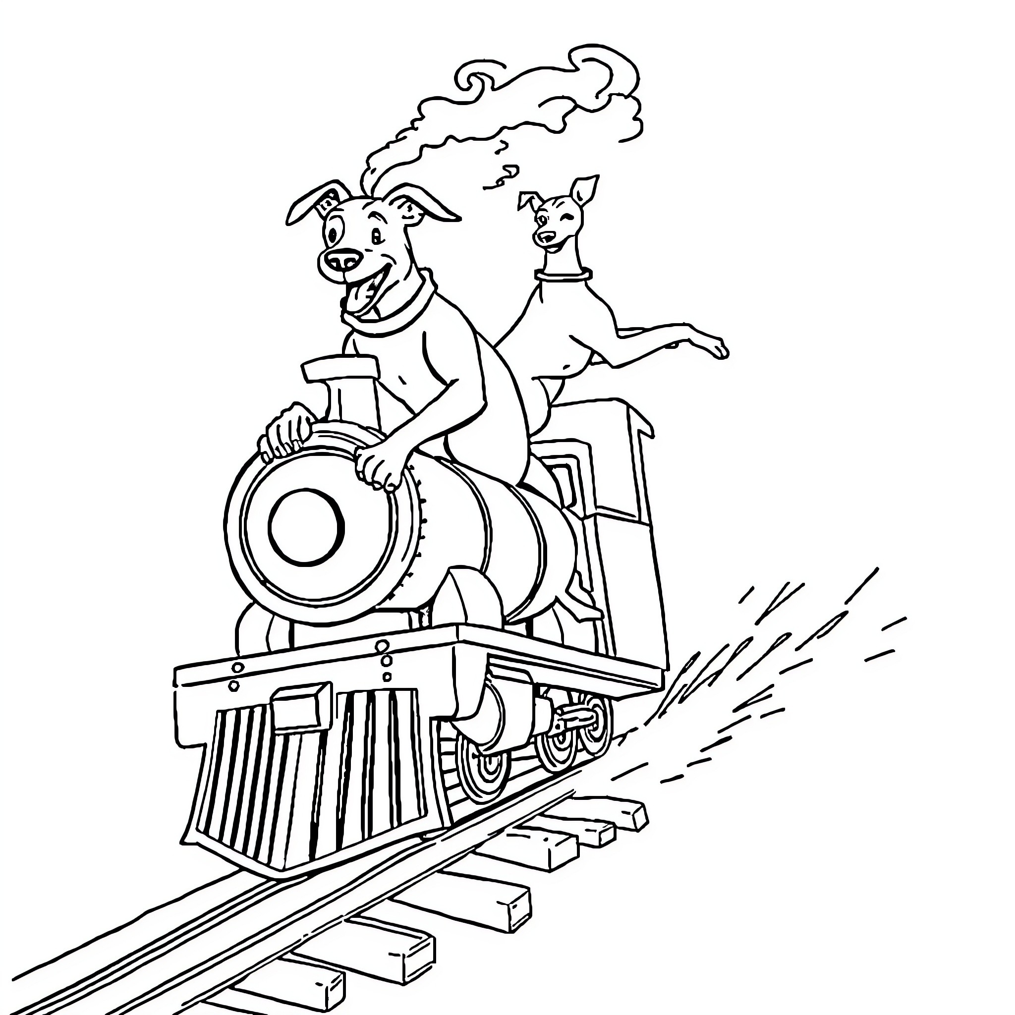 Dog riding a train with another dog Coloring Page (free black-and-white line drawing printable PDF for all, from beginners to advanced learners, including children, teens, adults, and seniors)