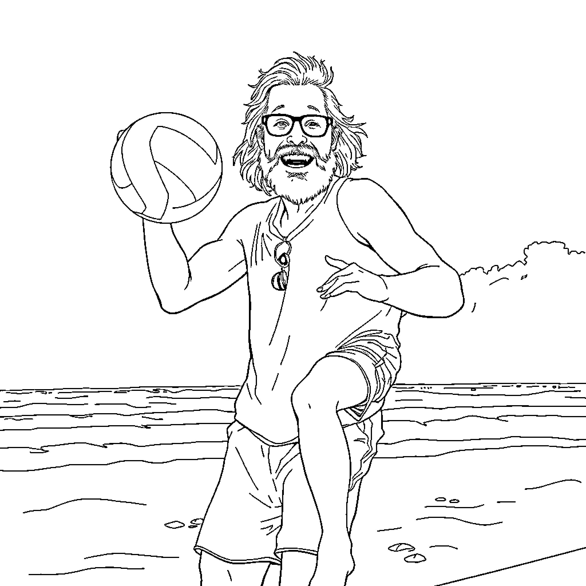 David Gilmour playing volleyball on the beach Coloring Page (free black-and-white line drawing printable PDF for all, from beginners to advanced learners, including children, teens, adults, and seniors)