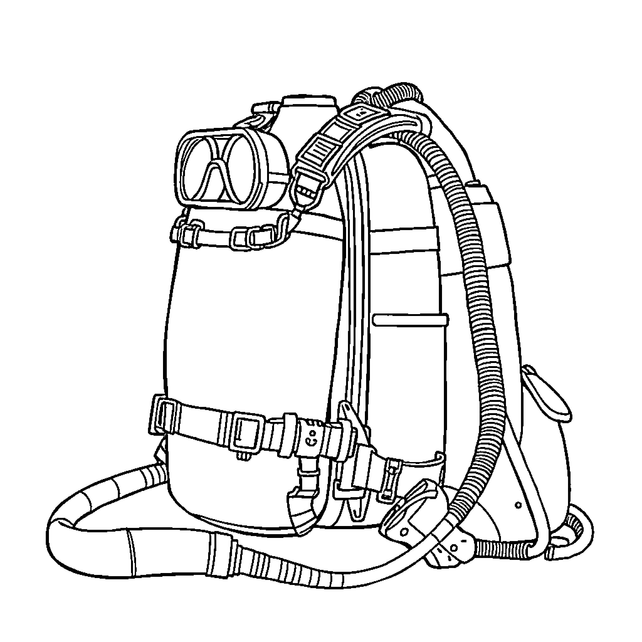 Scuba Tank and Diving Equipment Coloring Page (free black-and-white line drawing printable PDF for all, from beginners to advanced learners, including children, teens, adults, and seniors)
