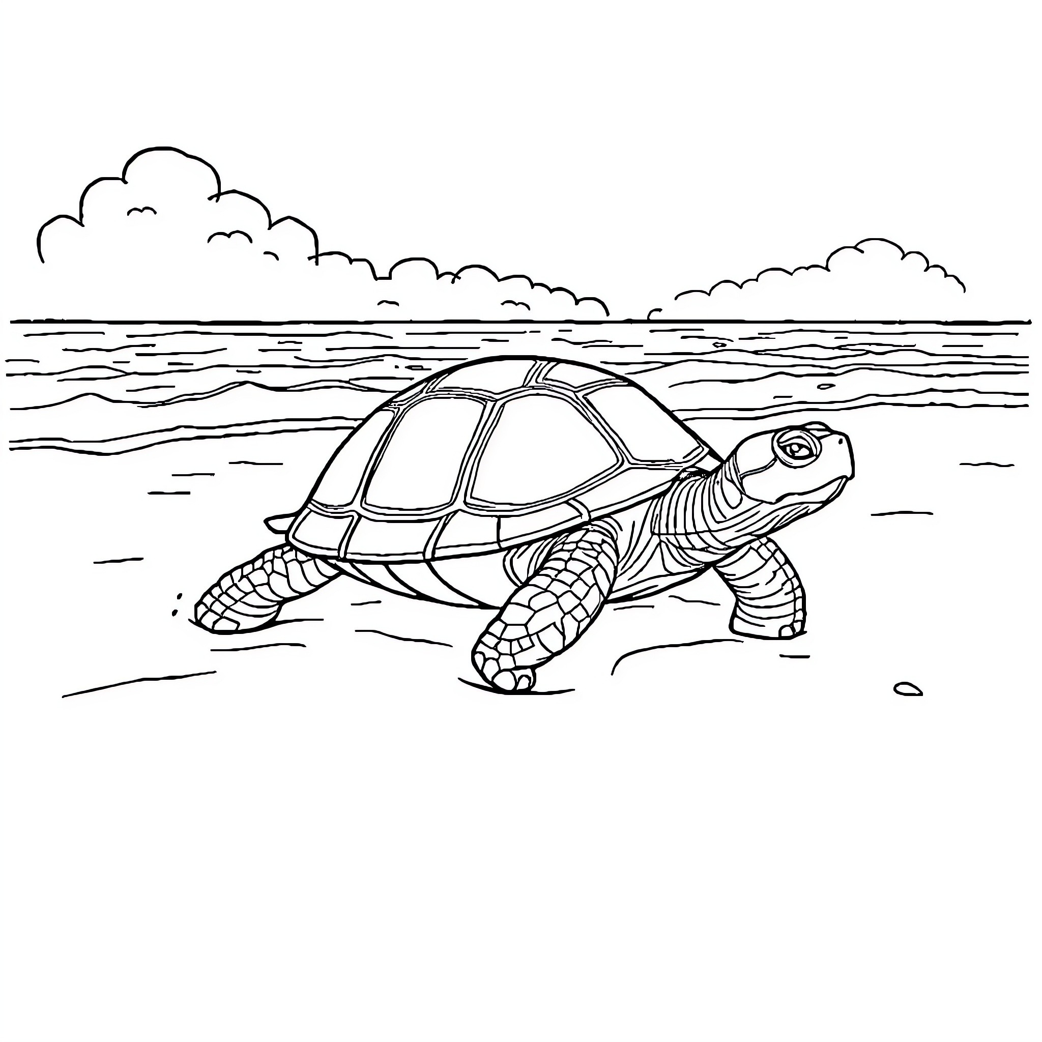 Turtle strolling along the seashore Coloring Page (free black-and-white line drawing printable PDF for all, from beginners to advanced learners, including children, teens, adults, and seniors)