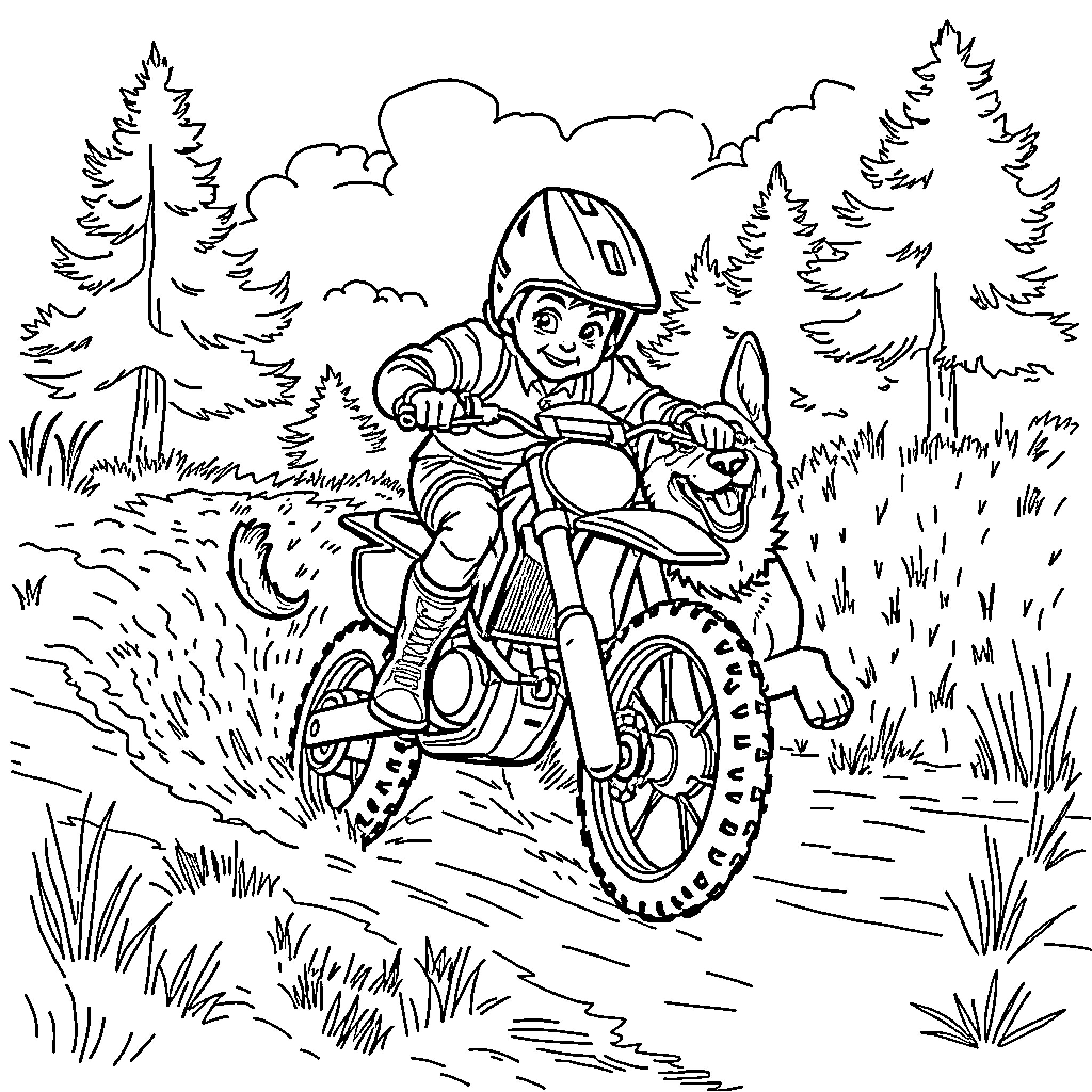 Kid riding a dirt bike through the woods Coloring Page (free black-and-white line drawing printable PDF for all, from beginners to advanced learners, including children, teens, adults, and seniors)
