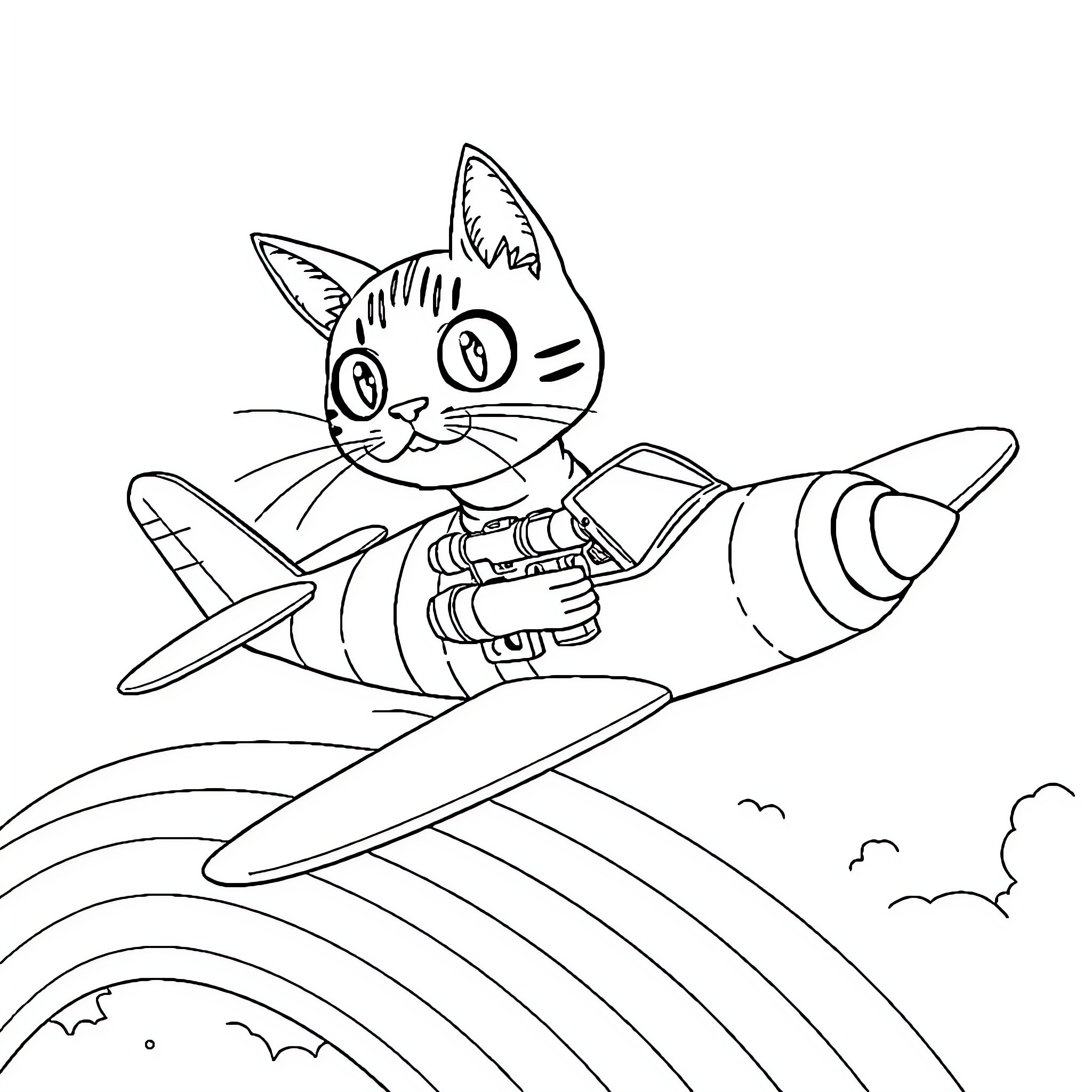 Cat piloting a plane through the sky Coloring Page (free black-and-white line drawing printable PDF for all, from beginners to advanced learners, including children, teens, adults, and seniors)