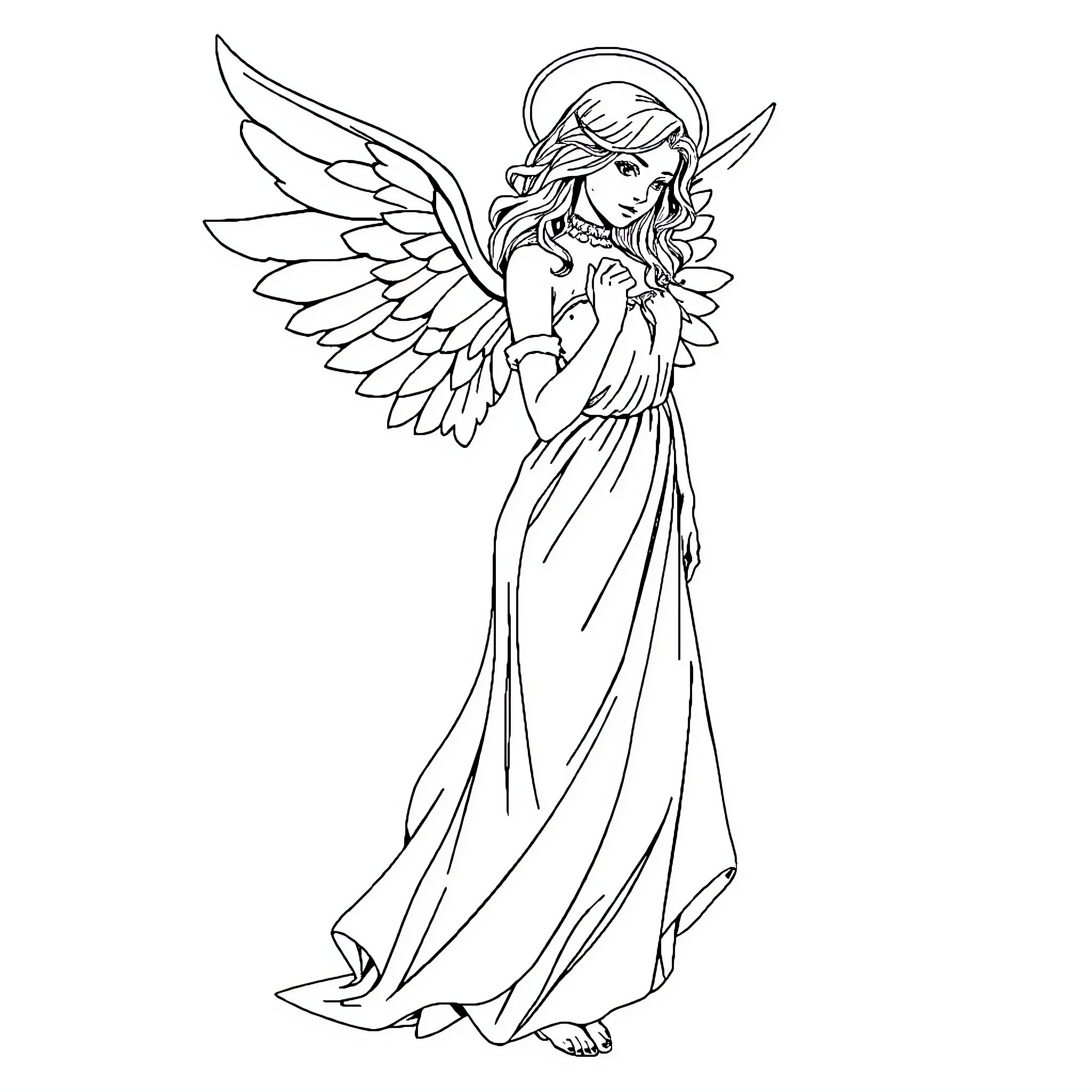 Angel with Flowing Gown and Majestic Wings Coloring Page (free black-and-white line drawing printable PDF for all, from beginners to advanced learners, including children, teens, adults, and seniors)