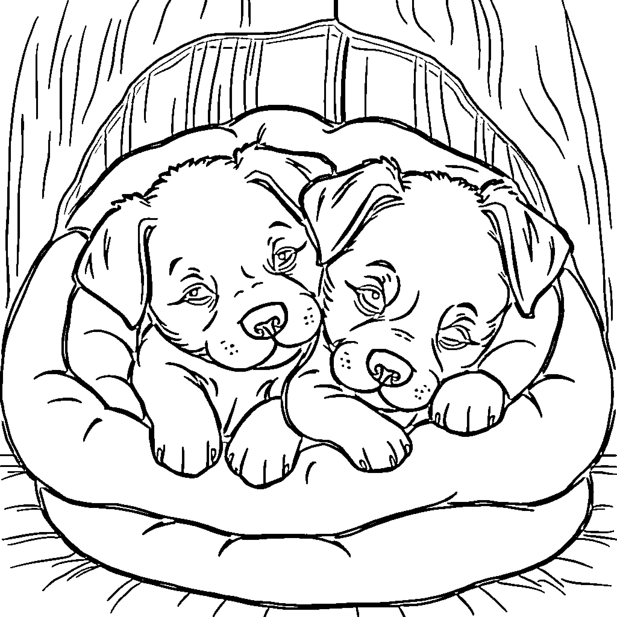 Puppy sleeping peacefully in a cozy bed Coloring Page (free black-and-white line drawing printable PDF for all, from beginners to advanced learners, including children, teens, adults, and seniors)