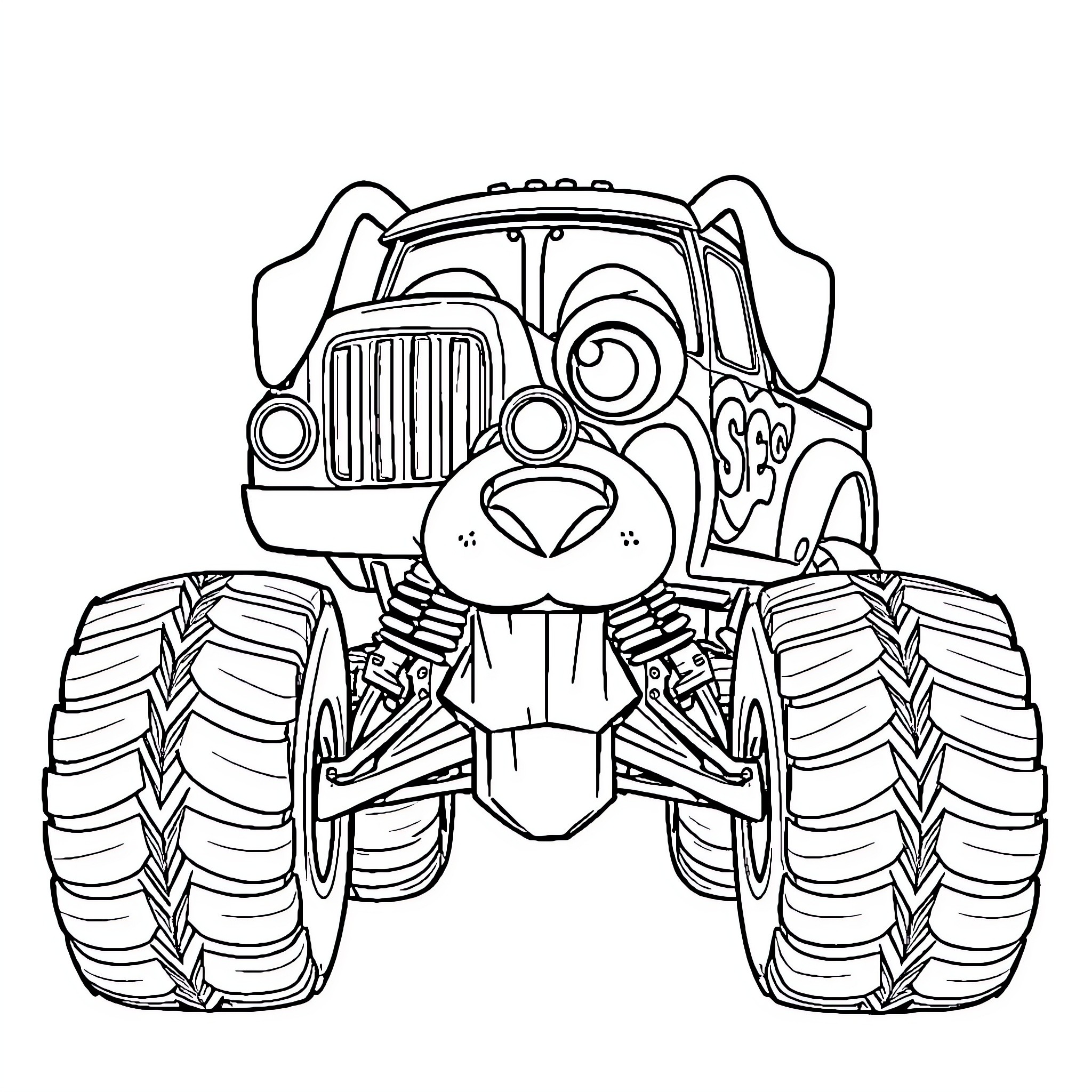 Monster Truck with Playful Puppy Design Coloring Page (free black-and-white line drawing printable PDF for all, from beginners to advanced learners, including children, teens, adults, and seniors)