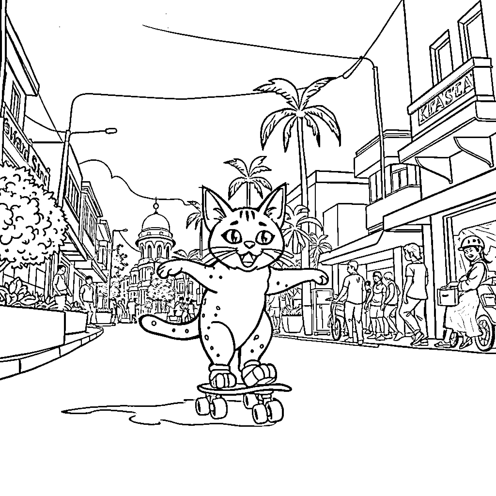 Cat enjoying a skateboard ride in the city Coloring Page (free black-and-white line drawing printable PDF for all, from beginners to advanced learners, including children, teens, adults, and seniors)