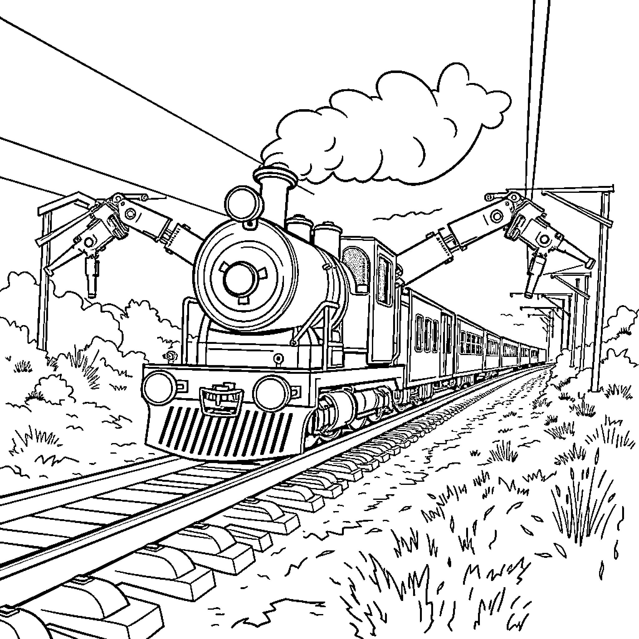 Train traveling on tracks through lush countryside Coloring Page (free black-and-white line drawing printable PDF for all, from beginners to advanced learners, including children, teens, adults, and seniors)