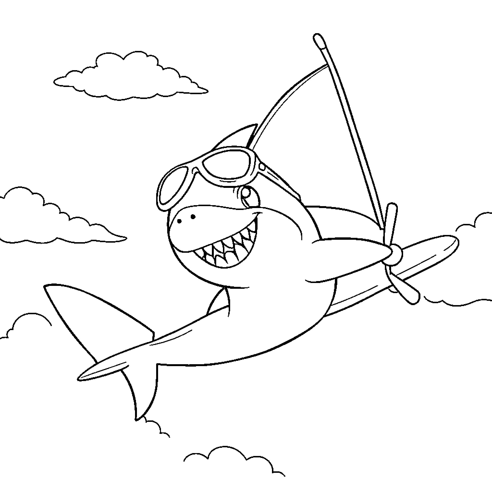 Shark flying joyfully with aviator goggles Coloring Page (free black-and-white line drawing printable PDF for all, from beginners to advanced learners, including children, teens, adults, and seniors)