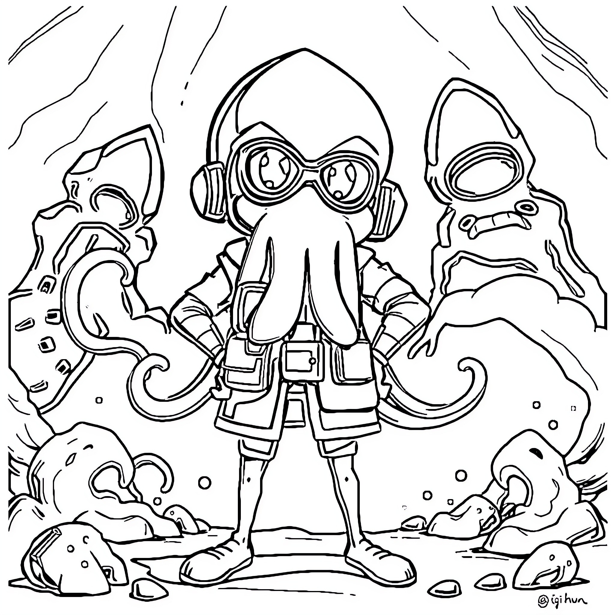 Gi hun exploring the mysterious underwater world Coloring Page (free black-and-white line drawing printable PDF for all, from beginners to advanced learners, including children, teens, adults, and seniors)