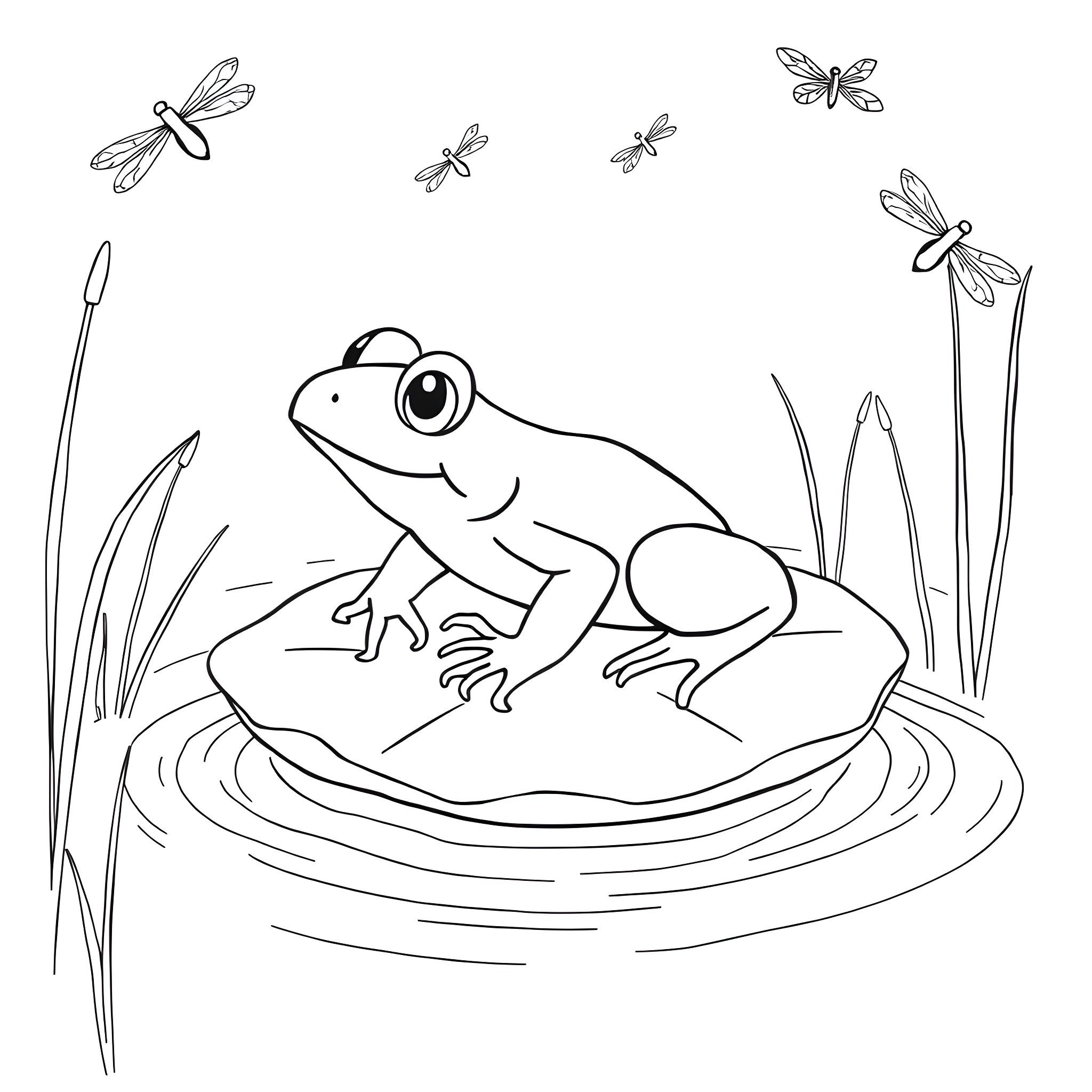 Frog sitting on a lily pad with dragonflies Coloring Page (free black-and-white line drawing printable PDF for all, from beginners to advanced learners, including children, teens, adults, and seniors)