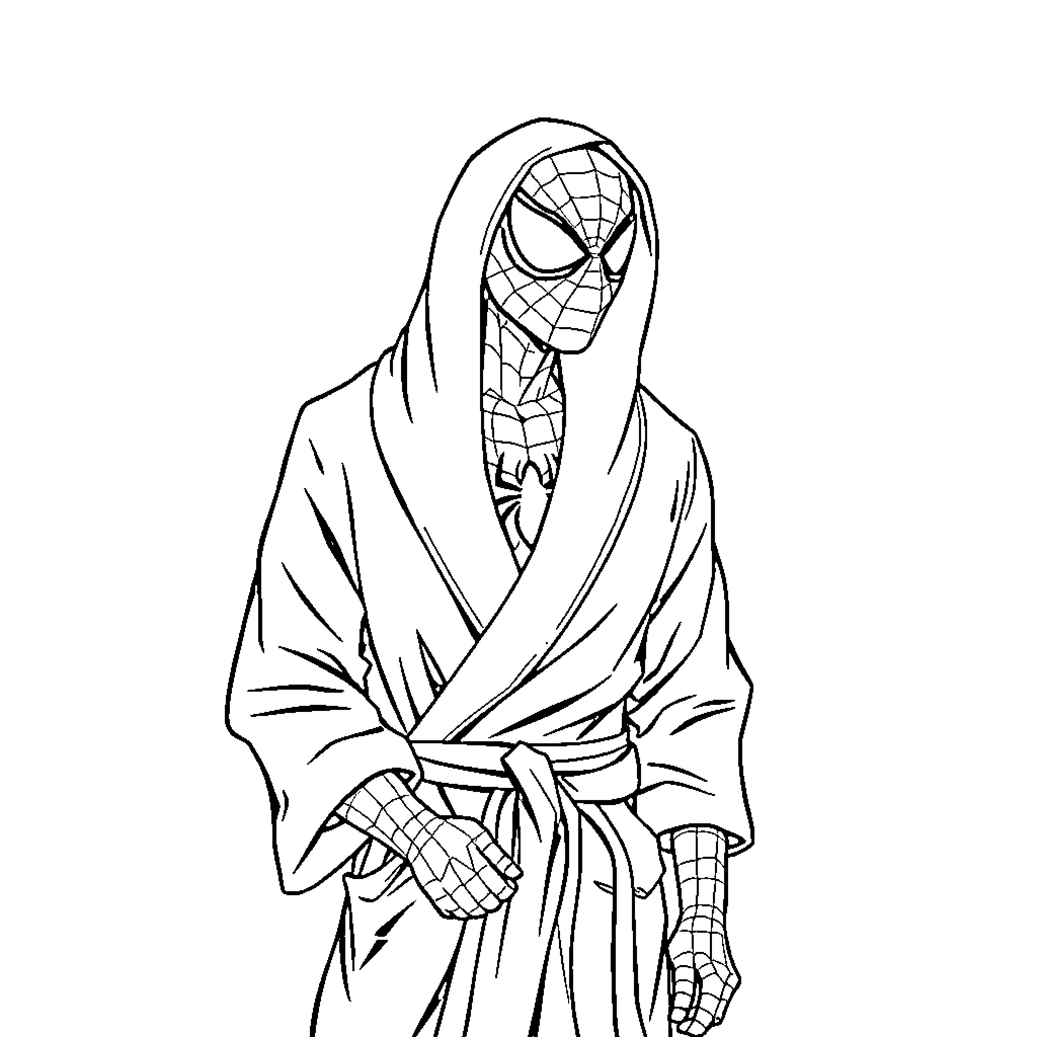 Spider-Man in Pensive Pose with Flowing Cloak Coloring Page (free black-and-white line drawing printable PDF for all, from beginners to advanced learners, including children, teens, adults, and seniors)