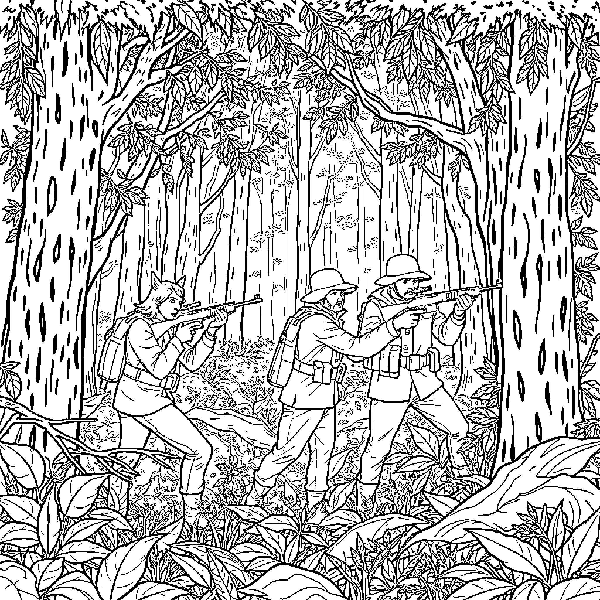 Jäger hunting in the dense forest Coloring Page (free black-and-white line drawing printable PDF for all, from beginners to advanced learners, including children, teens, adults, and seniors)