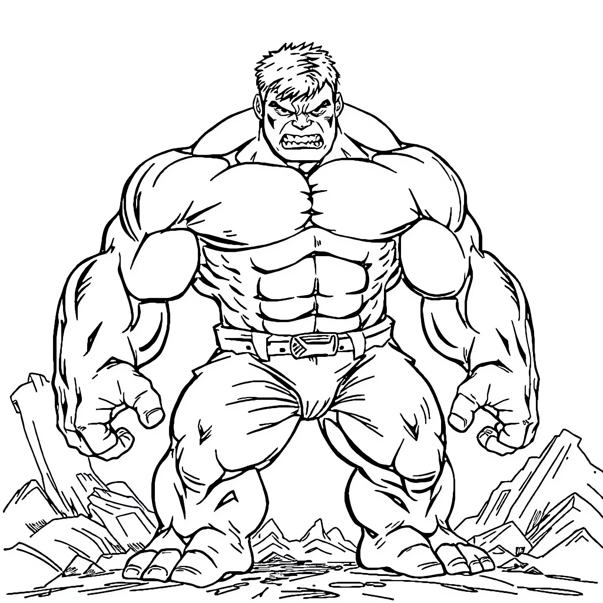 Hulk Smashing Through The Landscape Coloring Page (free black-and-white line drawing printable PDF for all, from beginners to advanced learners, including children, teens, adults, and seniors)