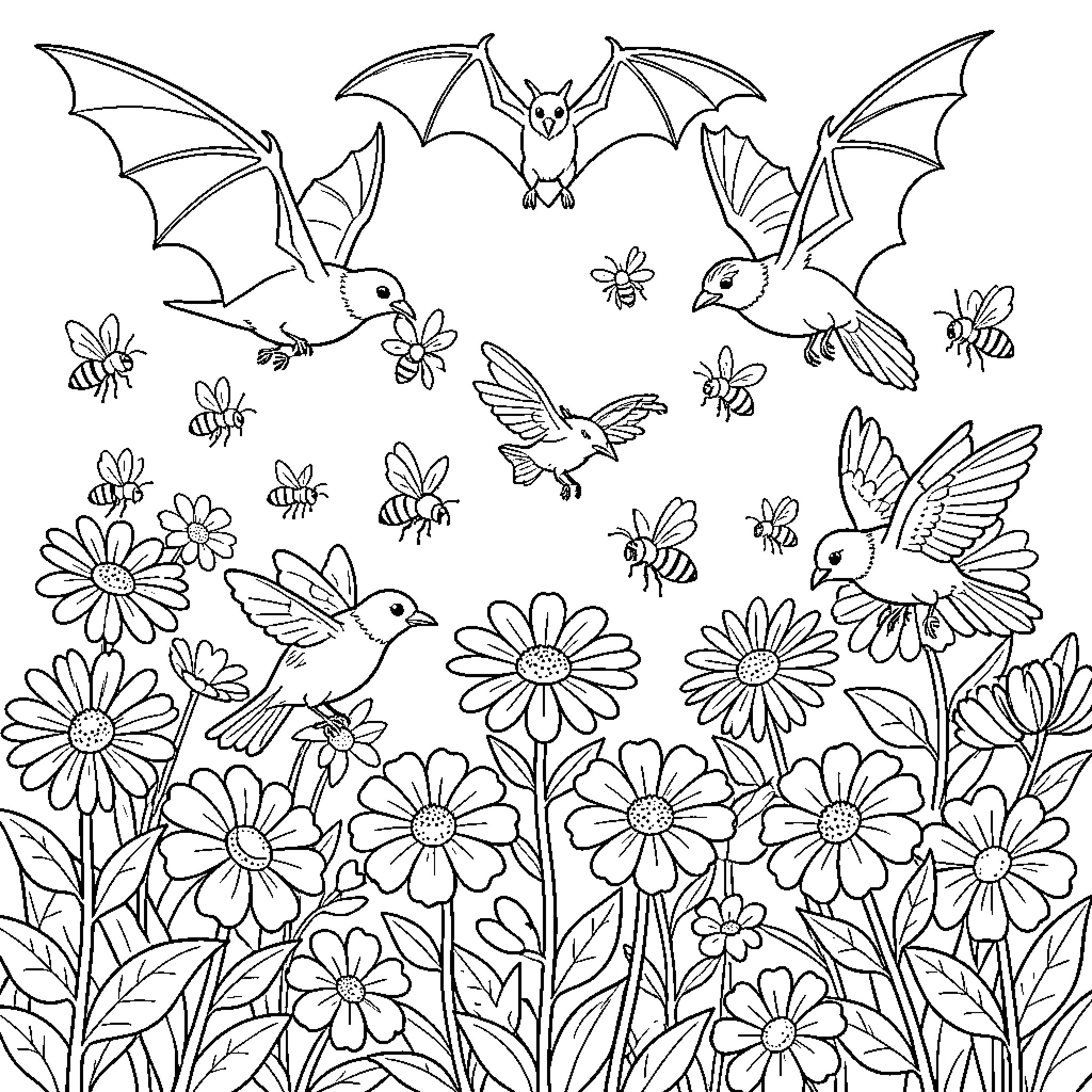 Animal kingdom in the floral garden Coloring Page (free black-and-white line drawing printable PDF for all, from beginners to advanced learners, including children, teens, adults, and seniors)