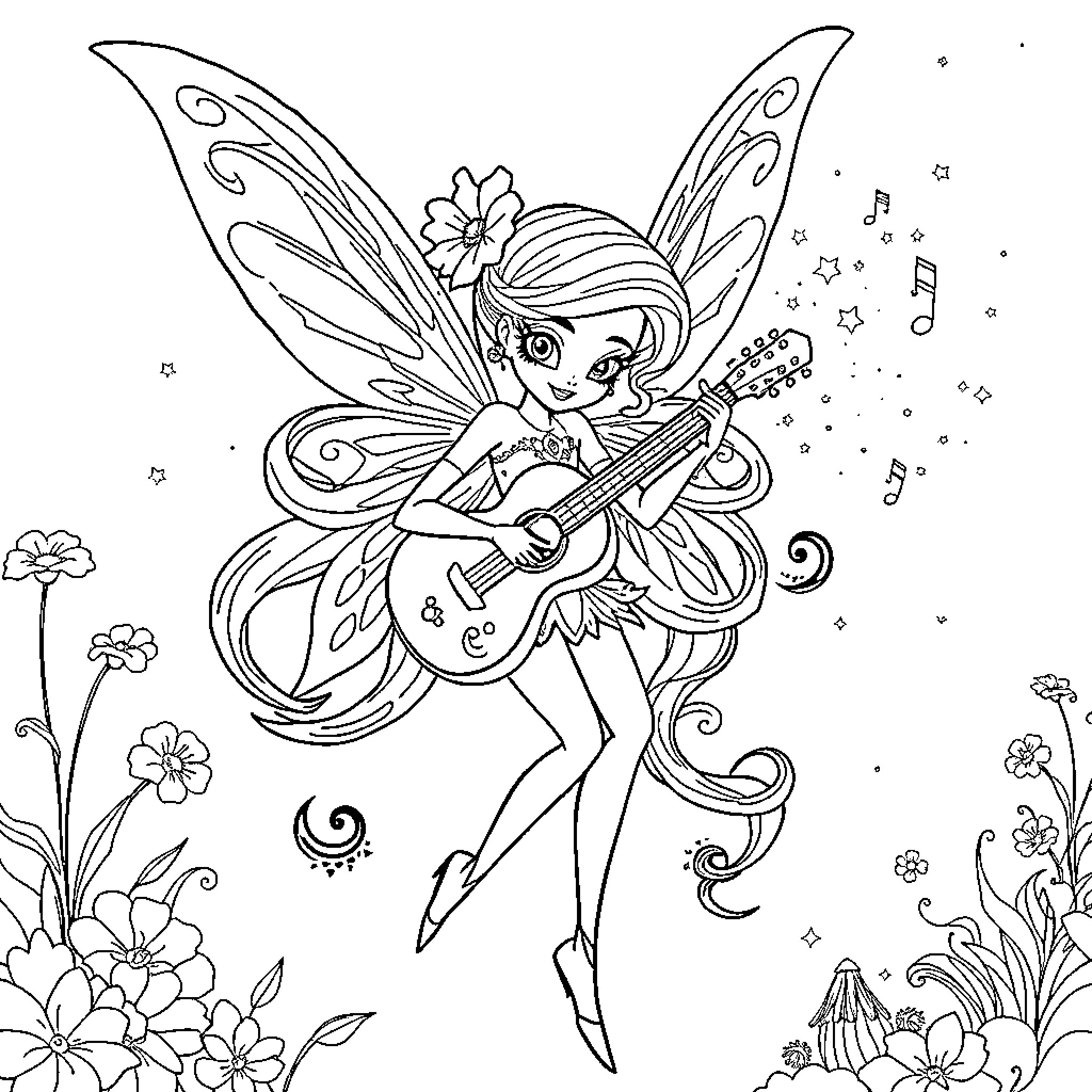 Musa the Fairy Musician Plays Guitar Coloring Page (free black-and-white line drawing printable PDF for all, from beginners to advanced learners, including children, teens, adults, and seniors)