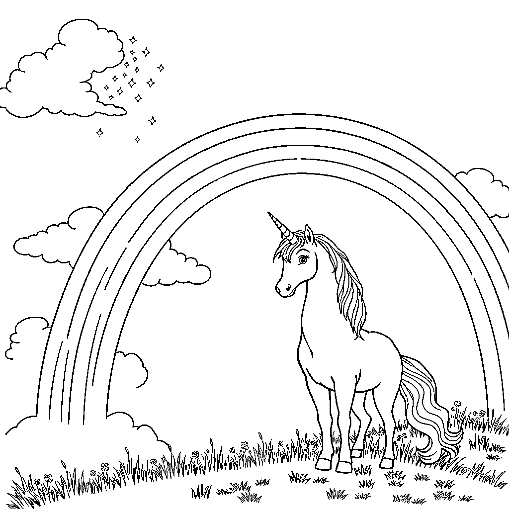 Unicorn standing in field under rainbow Coloring Page (free black-and-white line drawing printable PDF for all, from beginners to advanced learners, including children, teens, adults, and seniors)