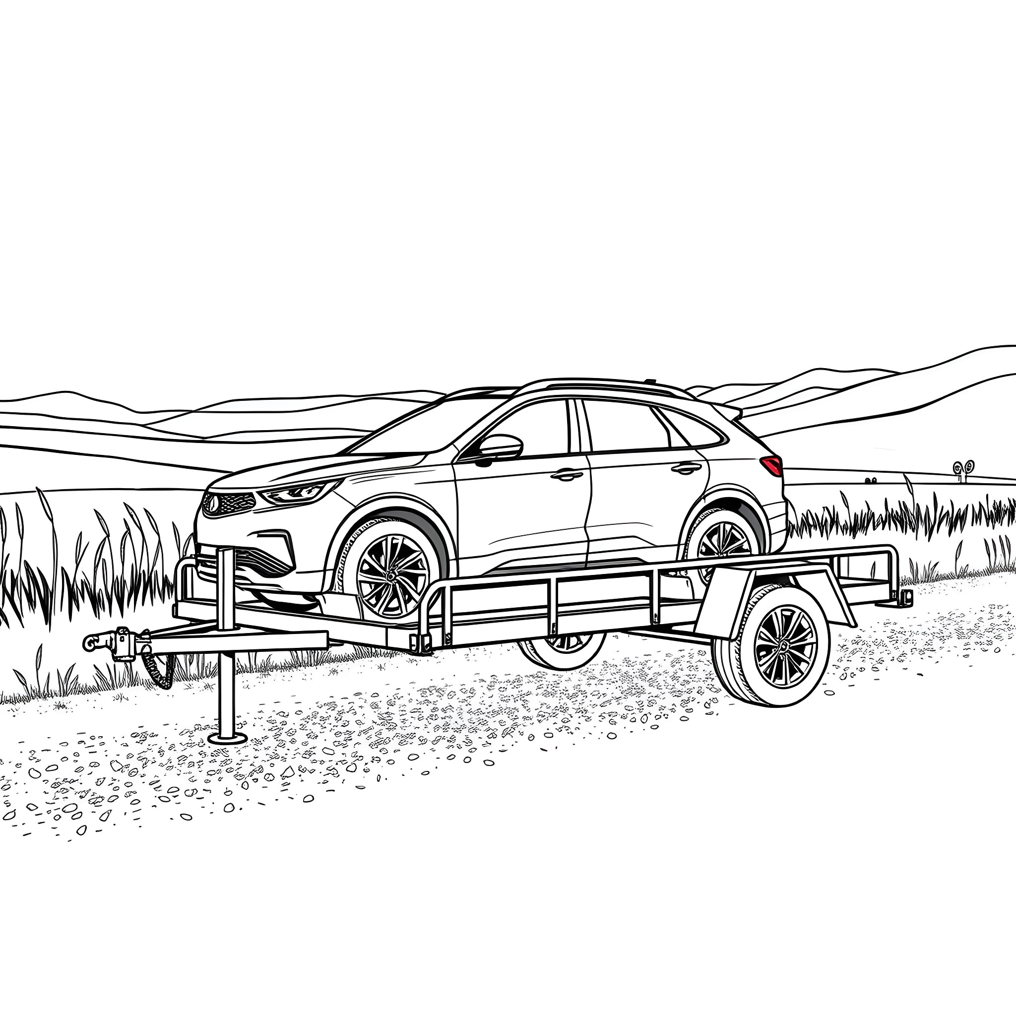 Car Trailer Transporting Luxury SUV in Remote Countryside Coloring Page (free black-and-white line drawing printable PDF for all, from beginners to advanced learners, including children, teens, adults, and seniors)