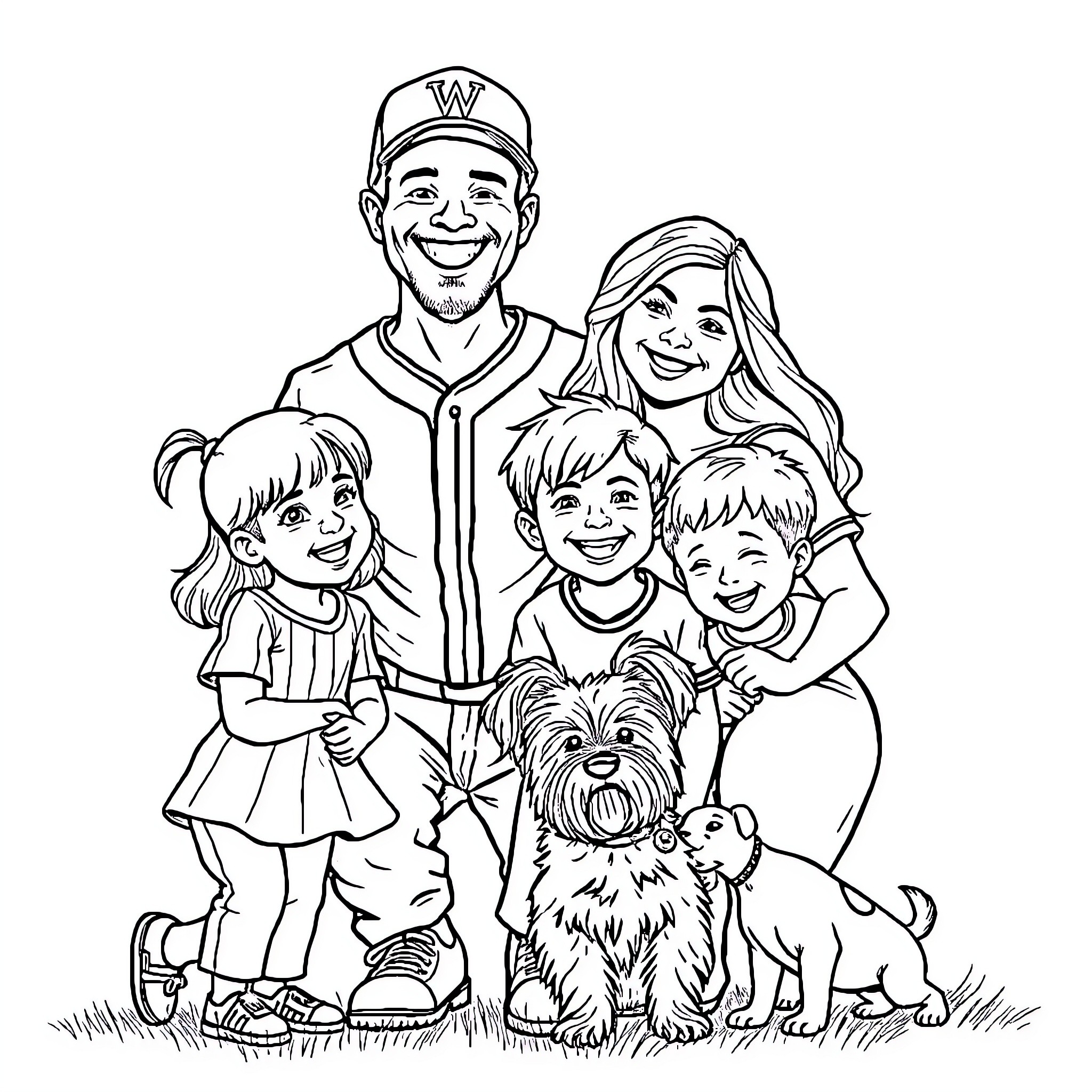 Baseball Dad Enjoys Family Fun with Kids and Pet Coloring Page (free black-and-white line drawing printable PDF for all, from beginners to advanced learners, including children, teens, adults, and seniors)