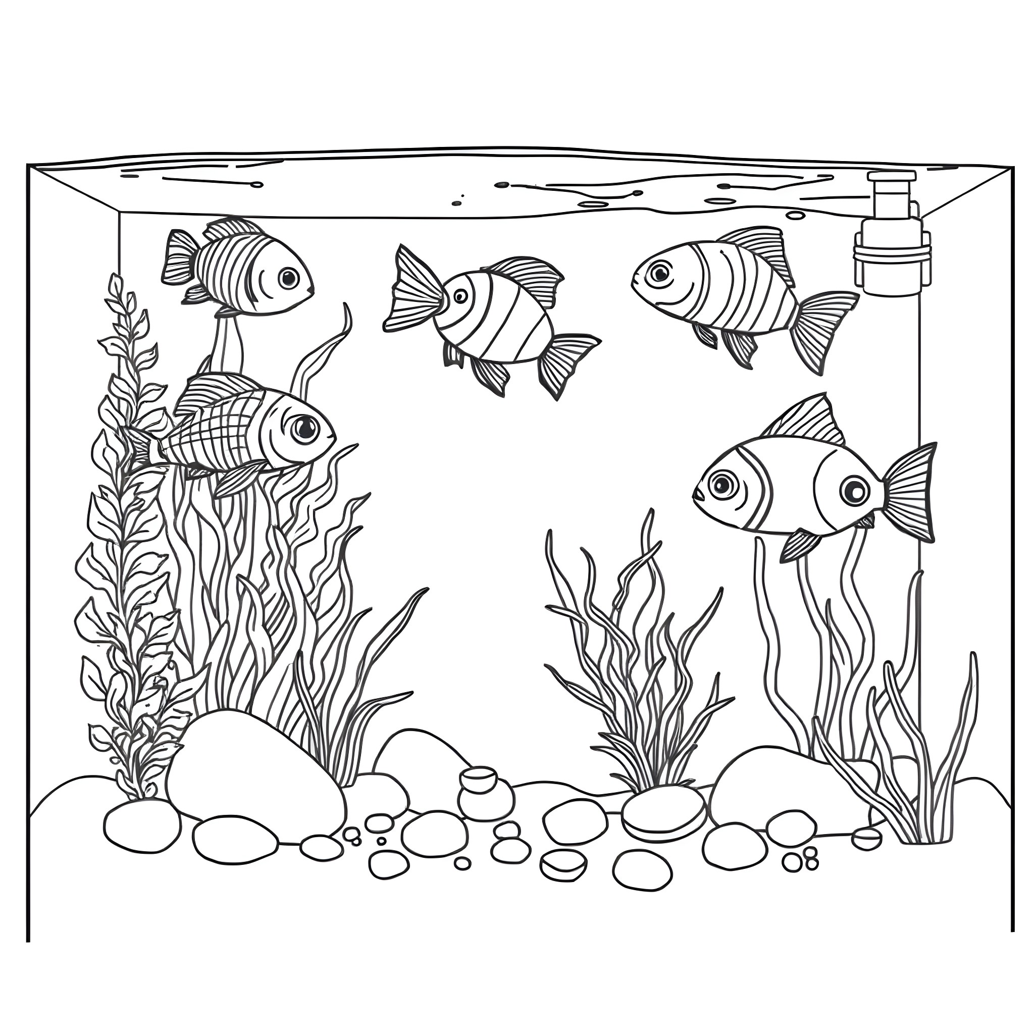 Fish swimming happily in the underwater scene Coloring Page (free black-and-white line drawing printable PDF for all, from beginners to advanced learners, including children, teens, adults, and seniors)