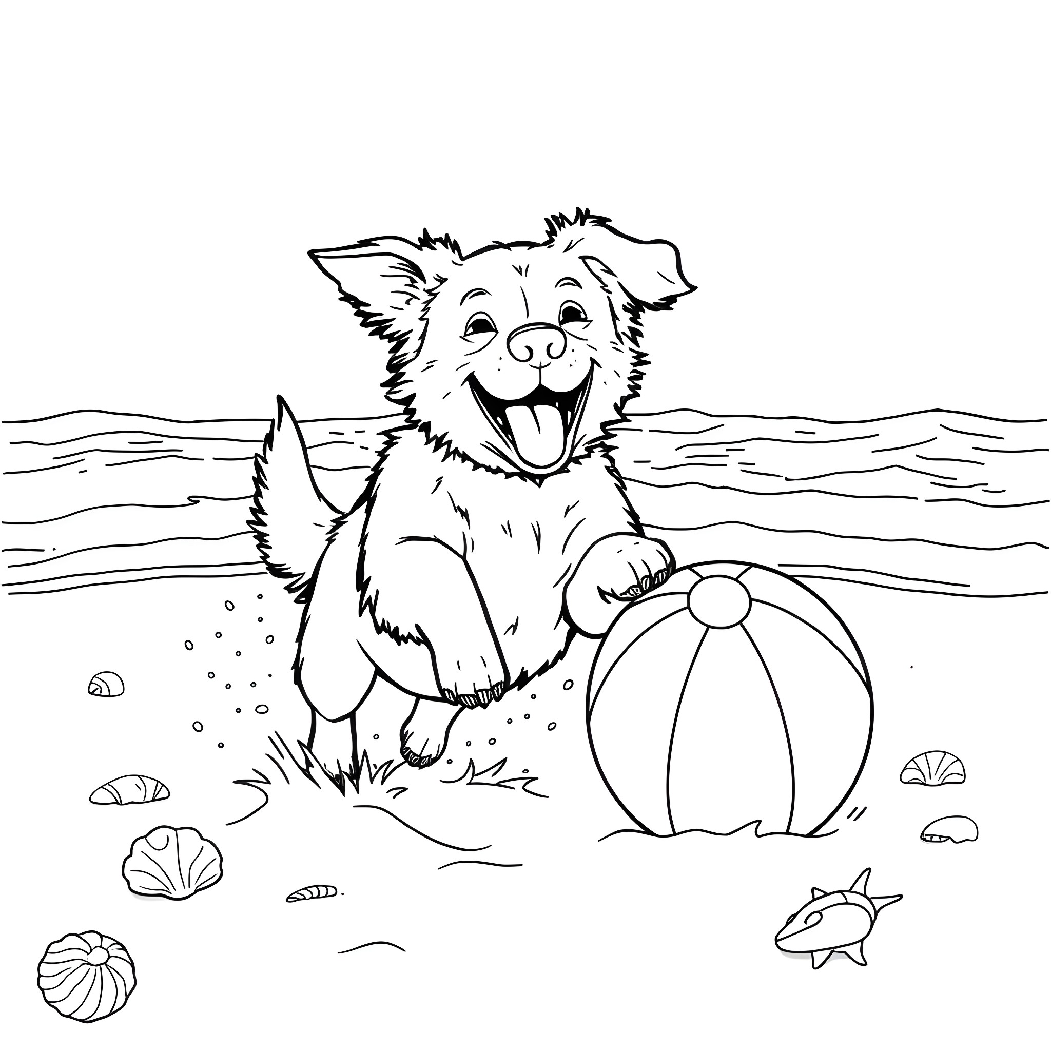 Dog playing joyfully on the beach Coloring Page (free black-and-white line drawing printable PDF for all, from beginners to advanced learners, including children, teens, adults, and seniors)