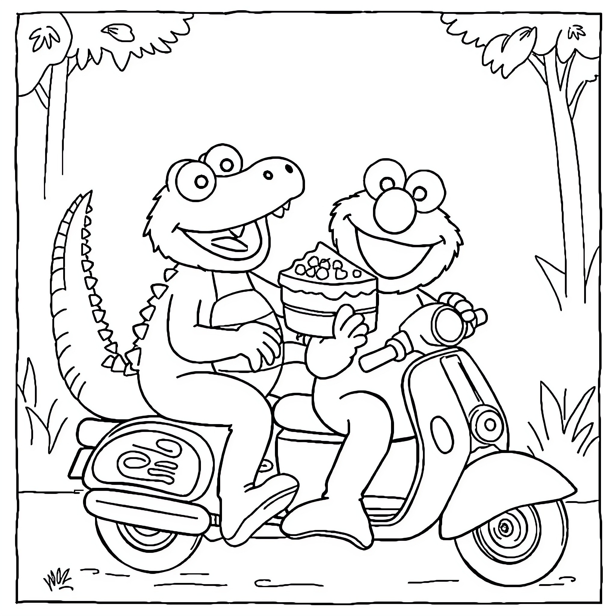 Elmo and friend enjoying a ride on a scooter Coloring Page (free black-and-white line drawing printable PDF for all, from beginners to advanced learners, including children, teens, adults, and seniors)