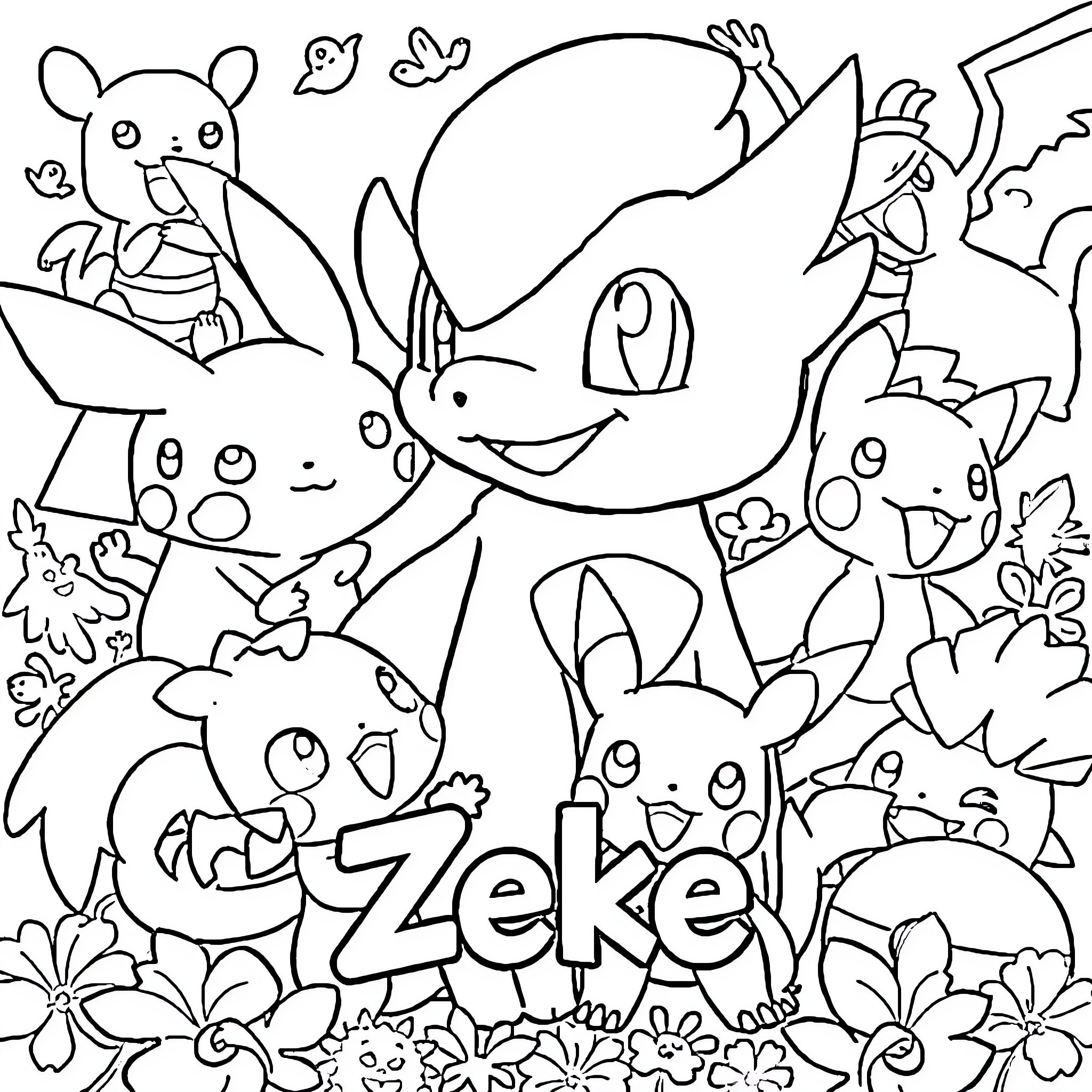 Zeke's Whimsical Adventure with Cartoon Characters Coloring Page (free black-and-white line drawing printable PDF for all, from beginners to advanced learners, including children, teens, adults, and seniors)