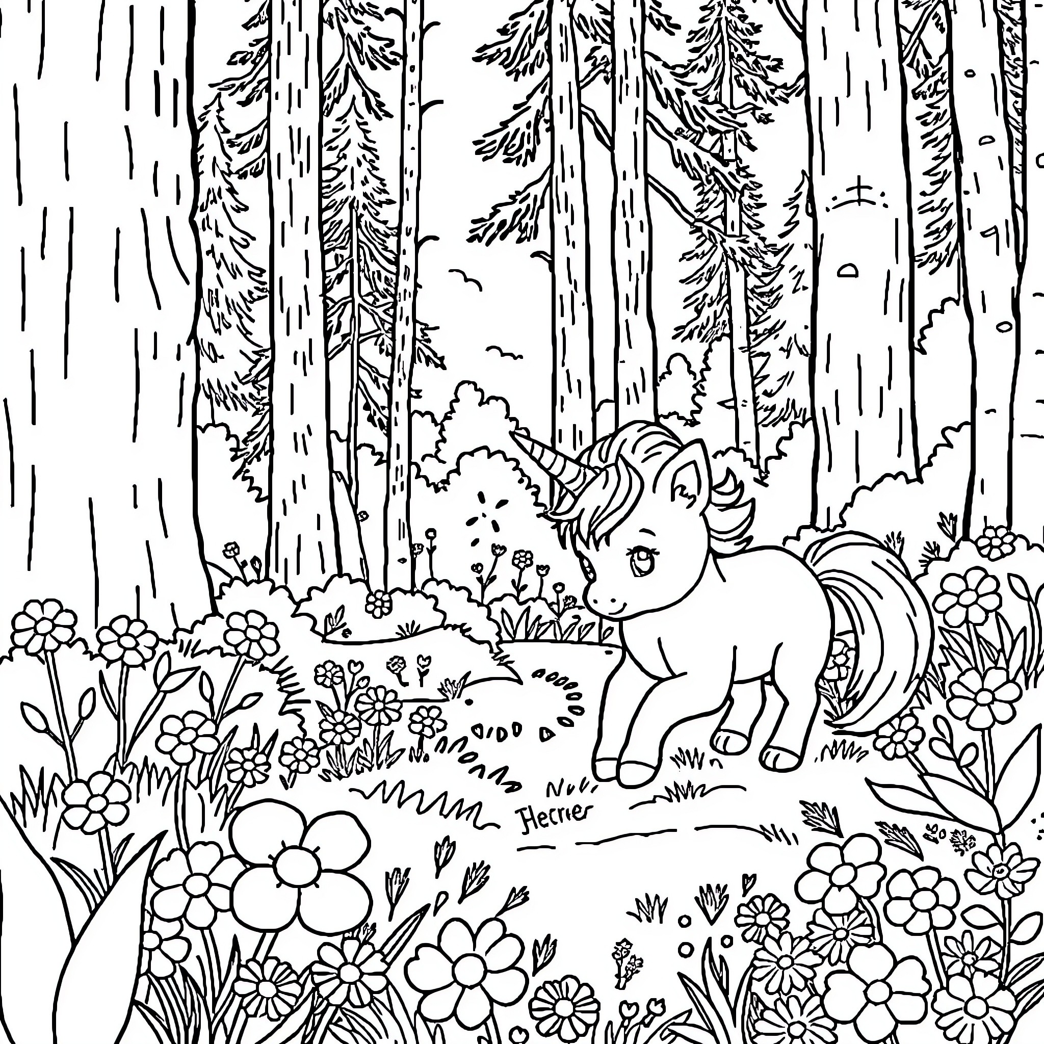 Unicorn wandering through enchanted forest Coloring Page (free black-and-white line drawing printable PDF for all, from beginners to advanced learners, including children, teens, adults, and seniors)