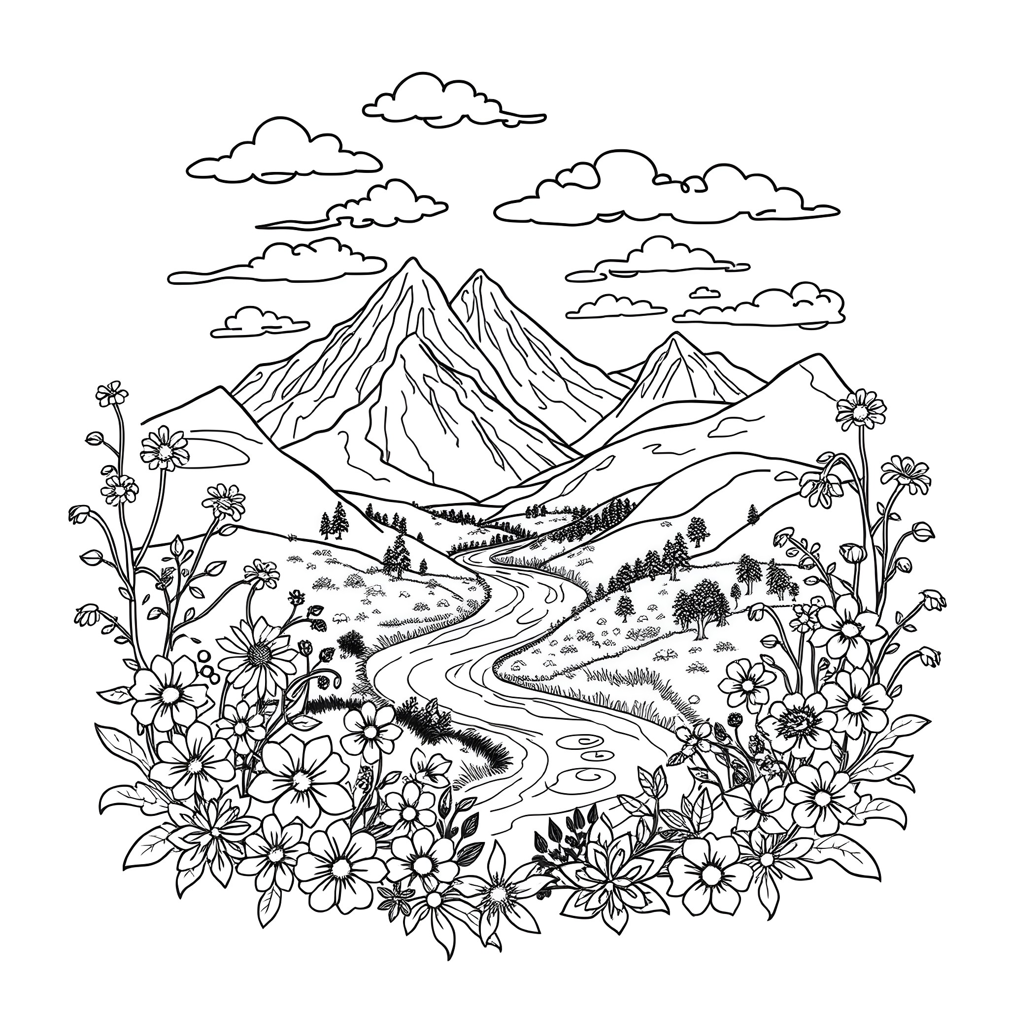 Mountain landscape with winding road and flowers Coloring Page (free black-and-white line drawing printable PDF for all, from beginners to advanced learners, including children, teens, adults, and seniors)