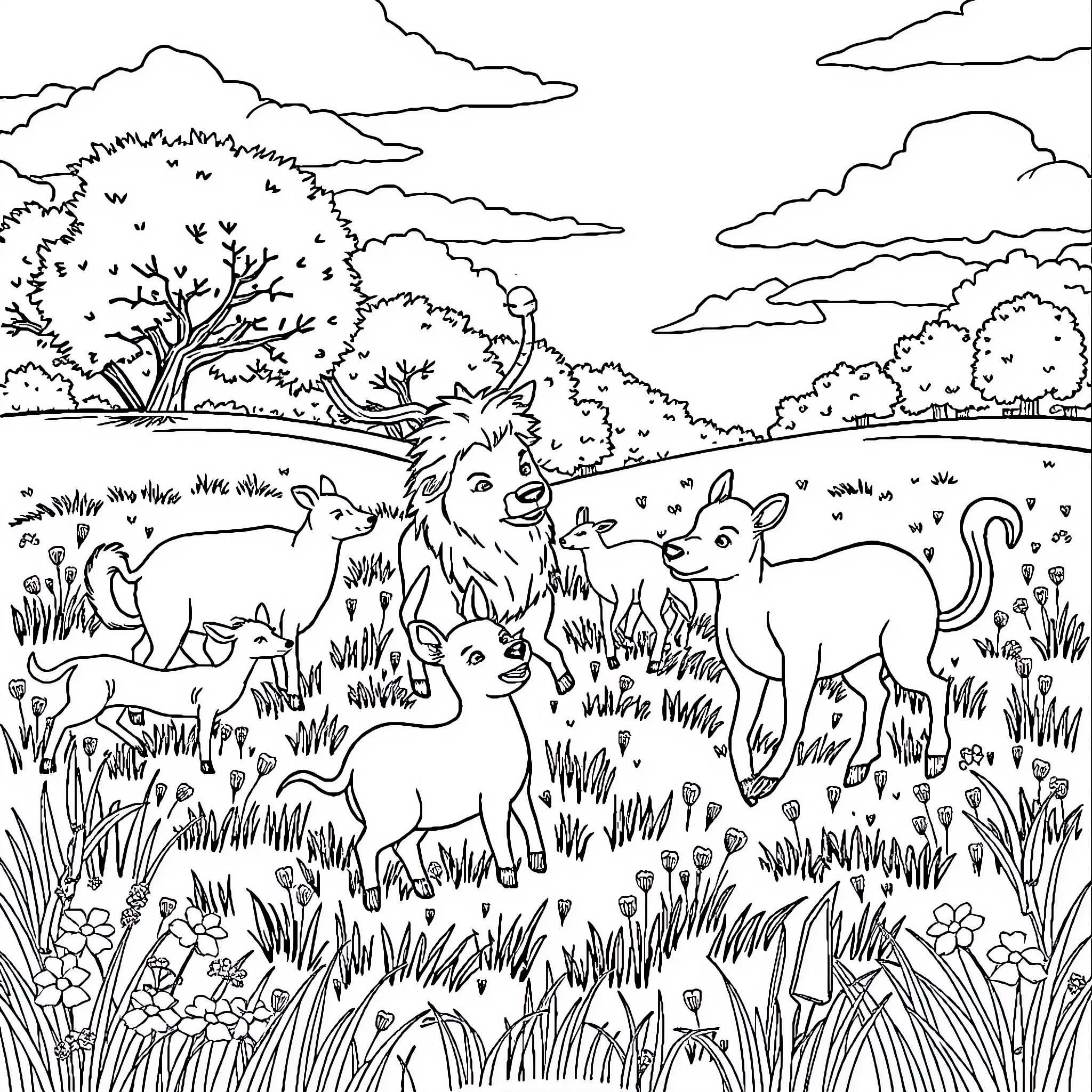 Animal family in the lush forest landscape Coloring Page (free black-and-white line drawing printable PDF for all, from beginners to advanced learners, including children, teens, adults, and seniors)