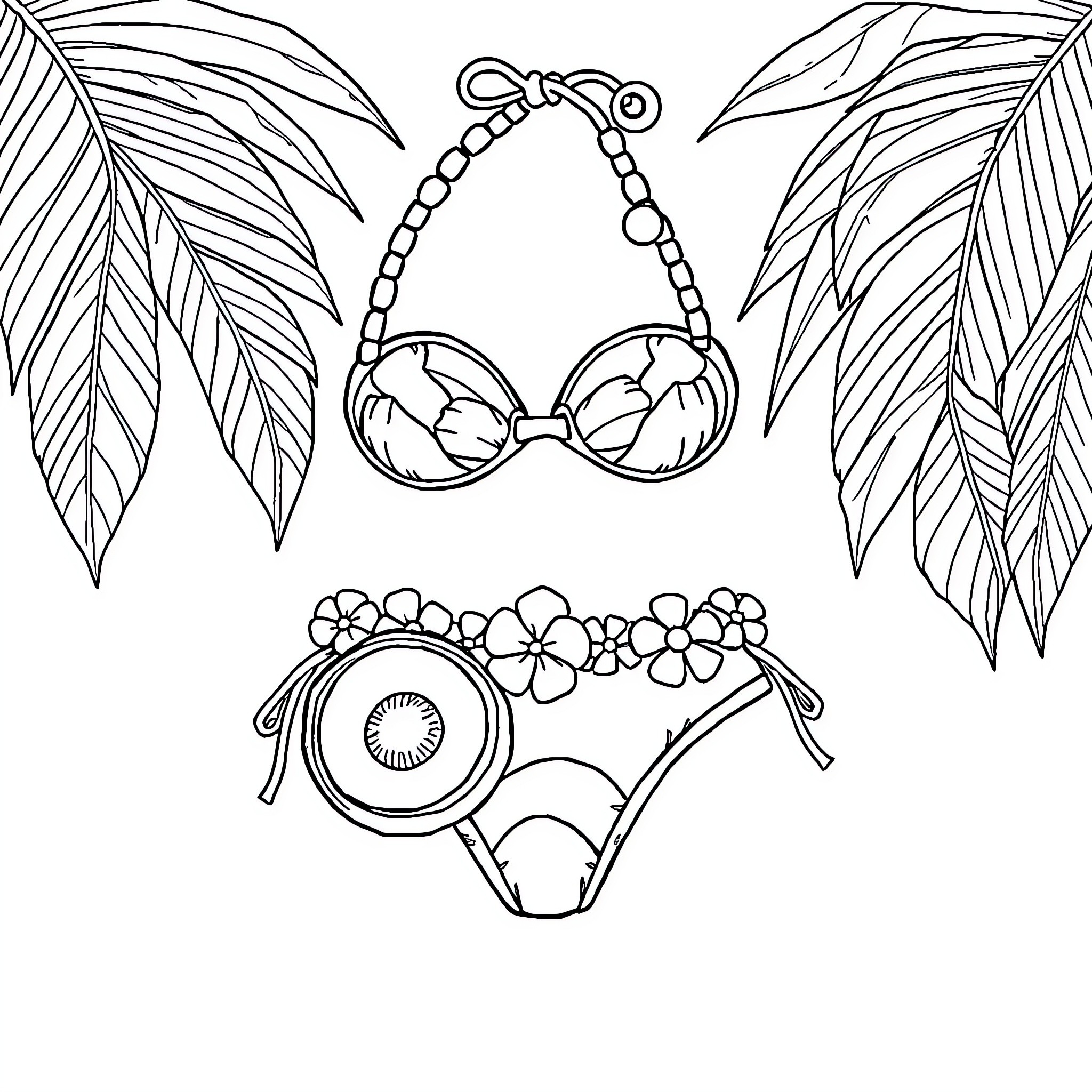 Coconut Swimwear with Tropical Leaves Coloring Page (free black-and-white line drawing printable PDF for all, from beginners to advanced learners, including children, teens, adults, and seniors)