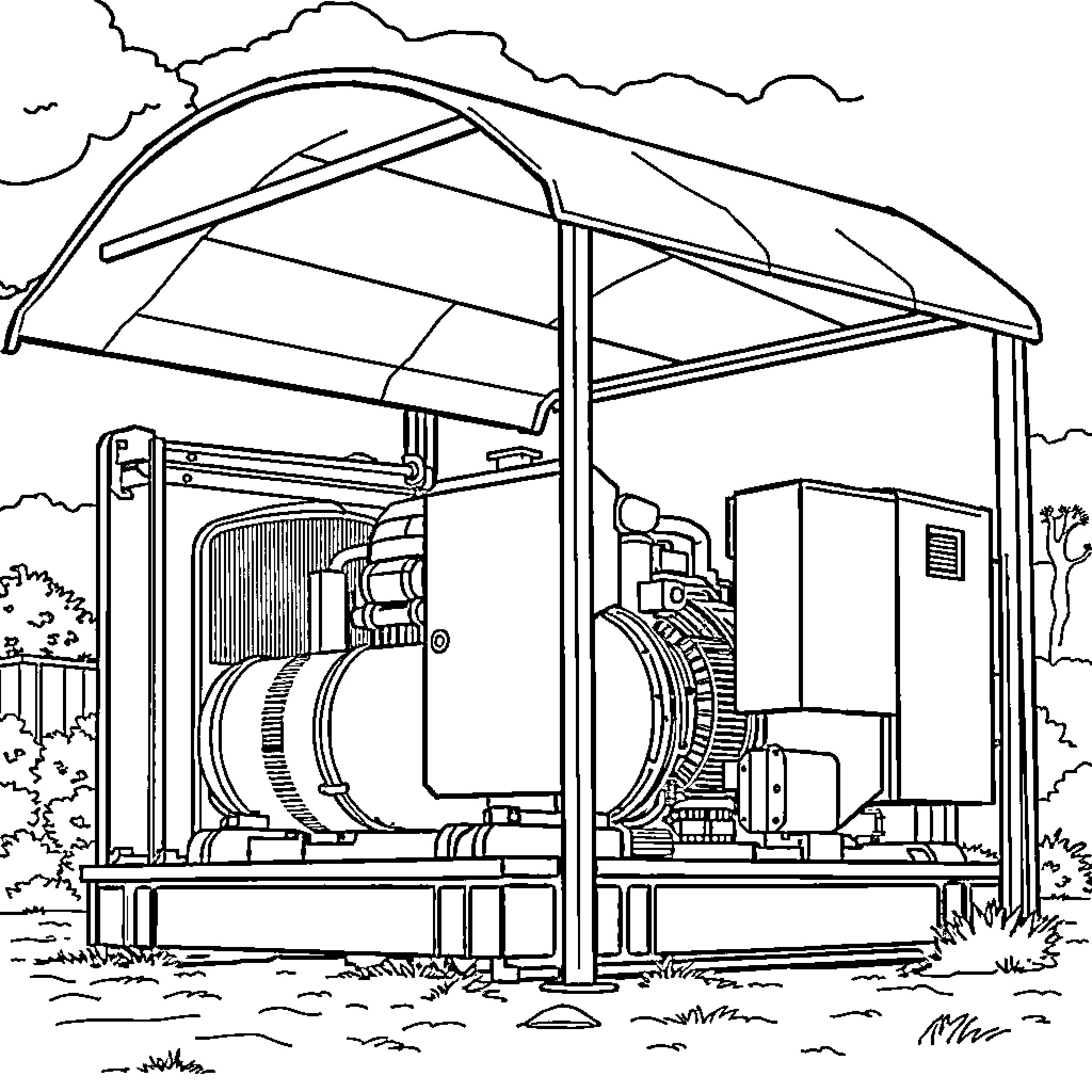 Generator station with industrial equipment in outdoor setting Coloring Page (free black-and-white line drawing printable PDF for all, from beginners to advanced learners, including children, teens, adults, and seniors)