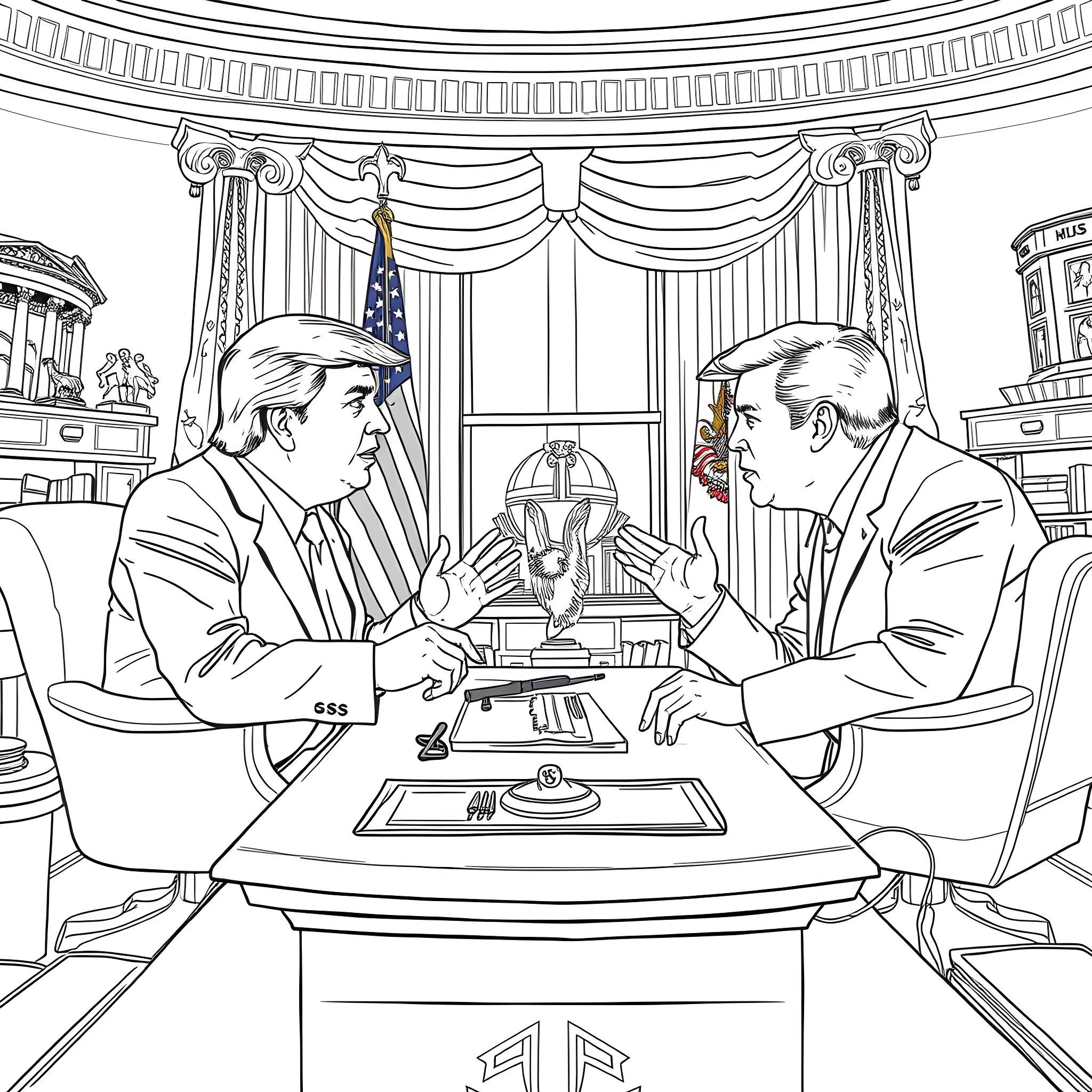Trump and Political Rival Engaged in Heated Discussion in the Oval Office Coloring Page (free black-and-white line drawing printable PDF for all, from beginners to advanced learners, including children, teens, adults, and seniors)