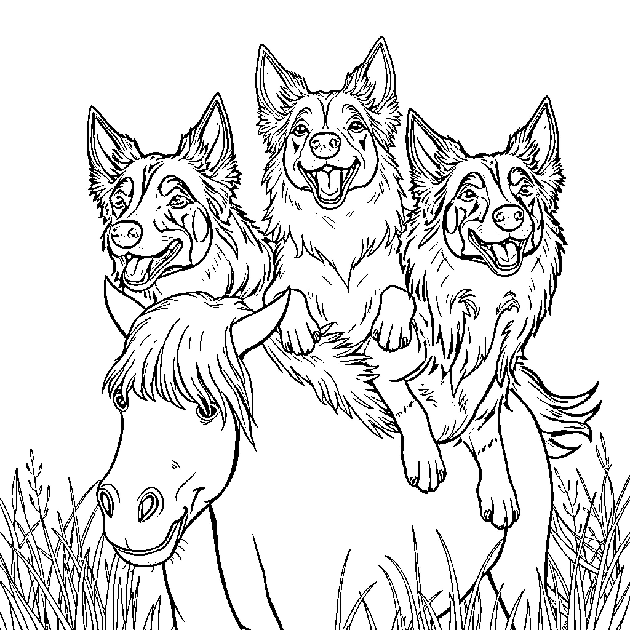 Perro trio frolicking joyfully in the meadow Coloring Page (free black-and-white line drawing printable PDF for all, from beginners to advanced learners, including children, teens, adults, and seniors)