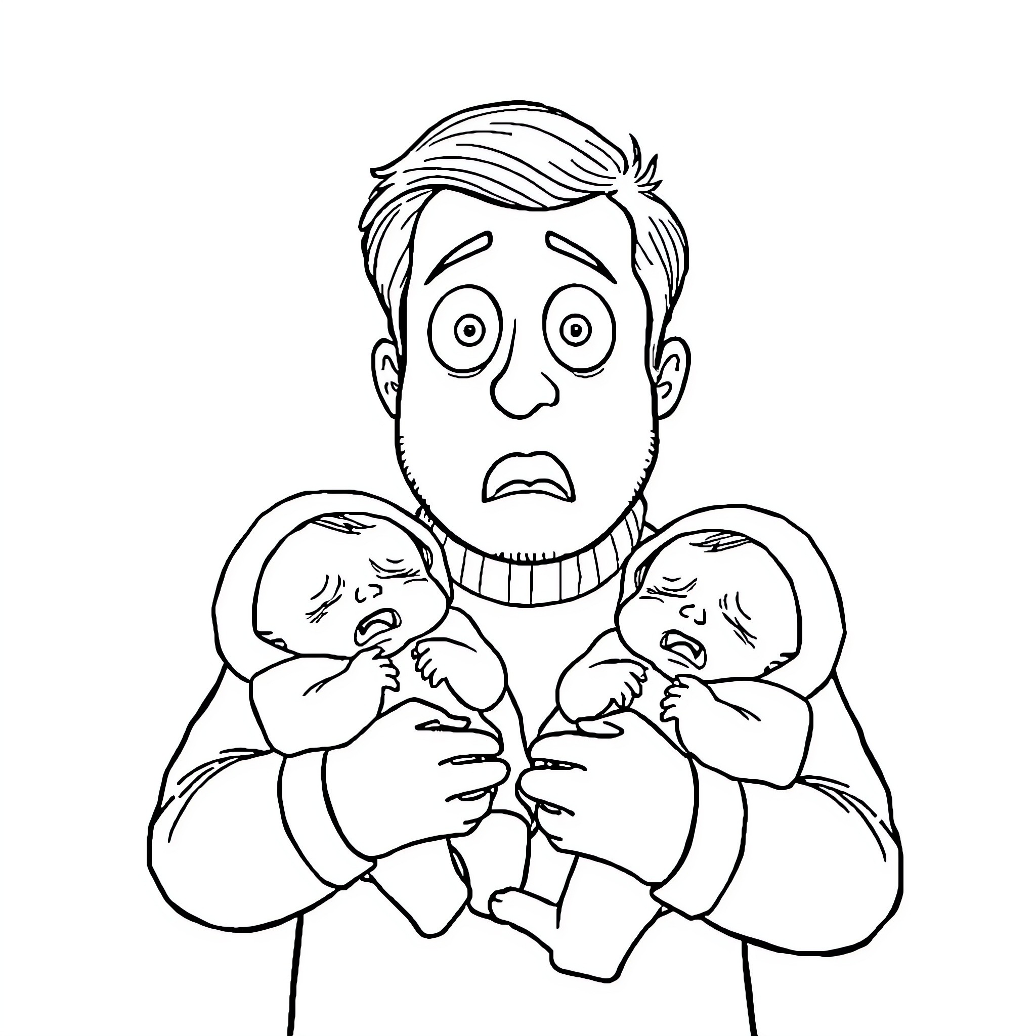 Mark Corrigan holding worried twin babies Coloring Page (free black-and-white line drawing printable PDF for all, from beginners to advanced learners, including children, teens, adults, and seniors)