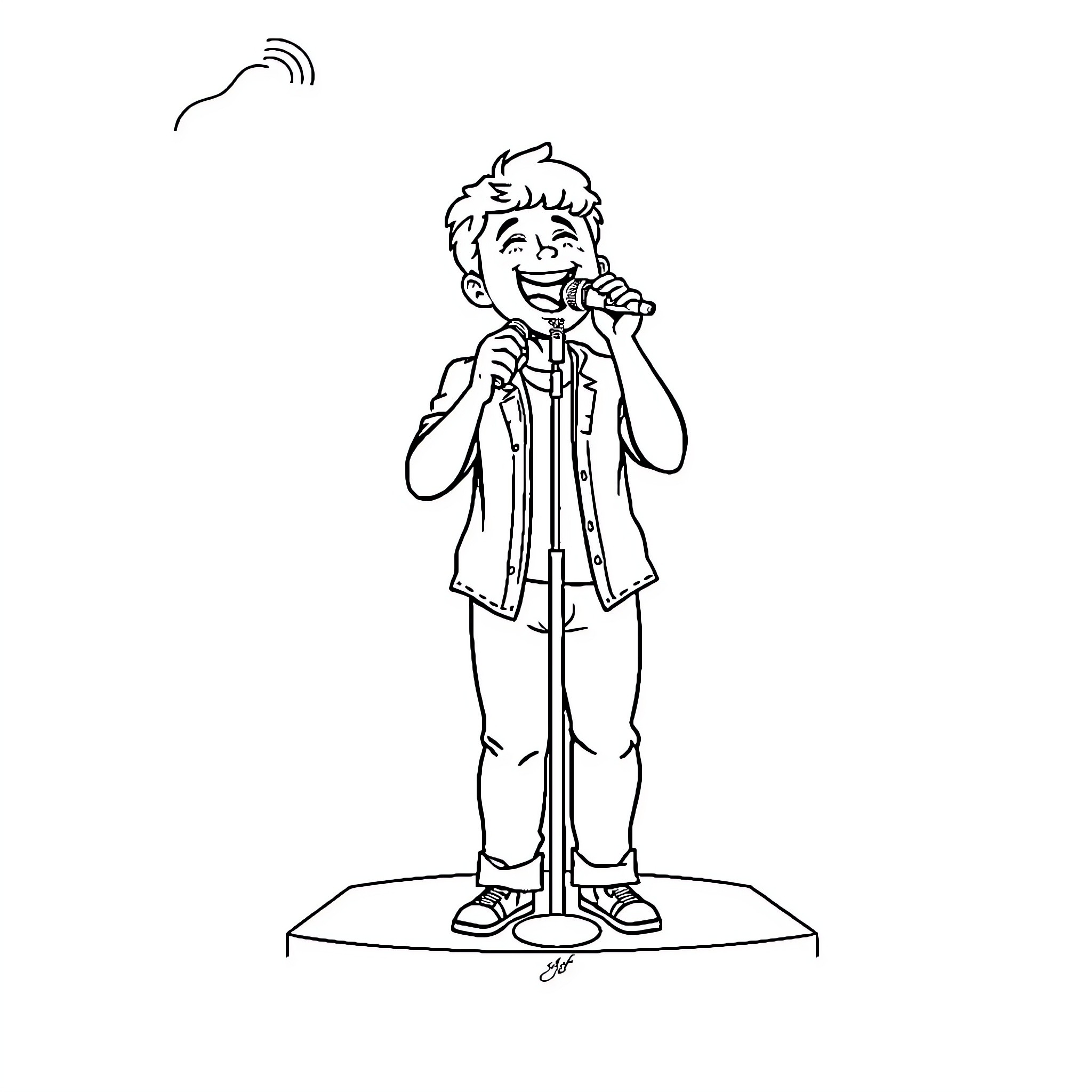 Person singing enthusiastically on stage Coloring Page (free black-and-white line drawing printable PDF for all, from beginners to advanced learners, including children, teens, adults, and seniors)