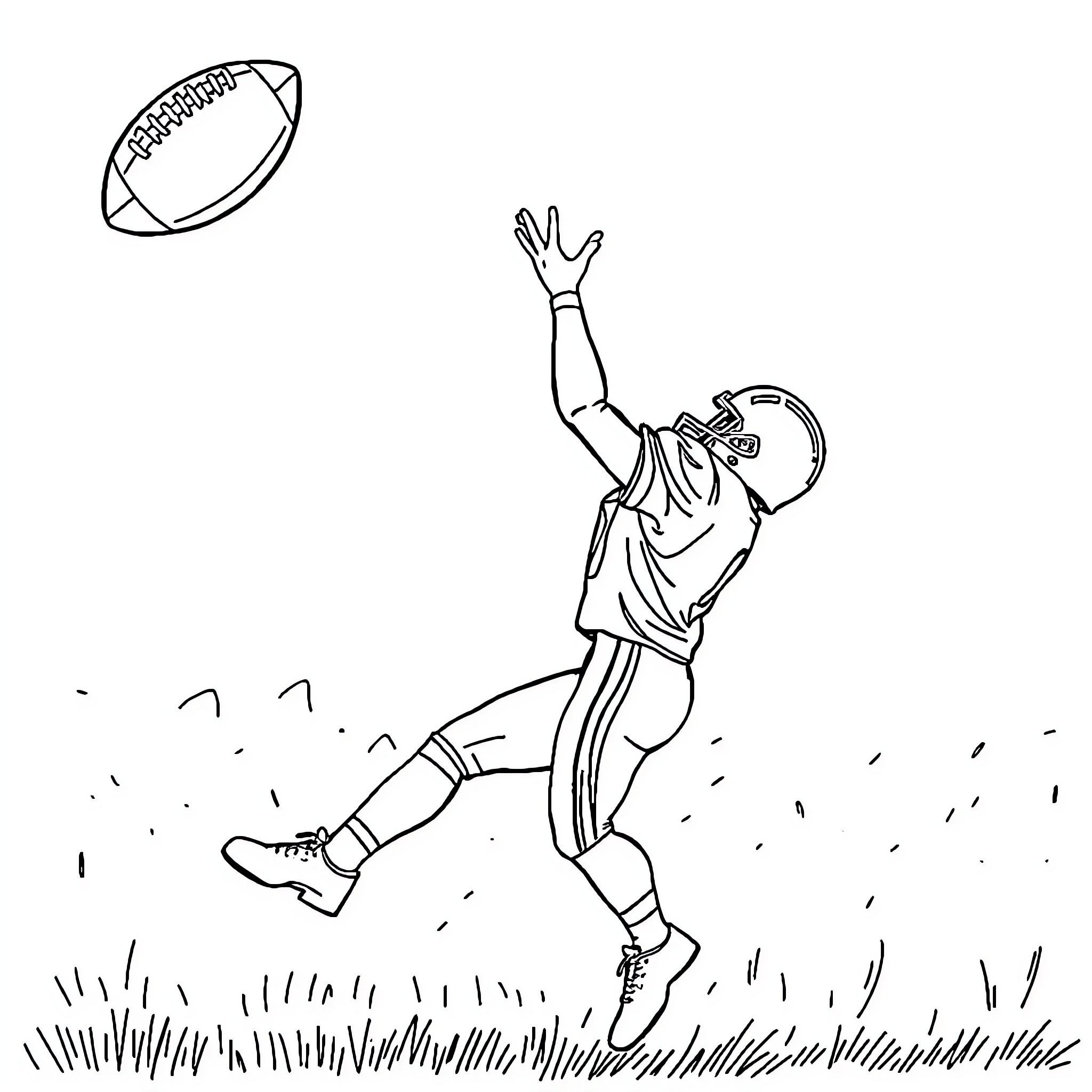Football Player Attempting to Catch the Ball Coloring Page (free black-and-white line drawing printable PDF for all, from beginners to advanced learners, including children, teens, adults, and seniors)