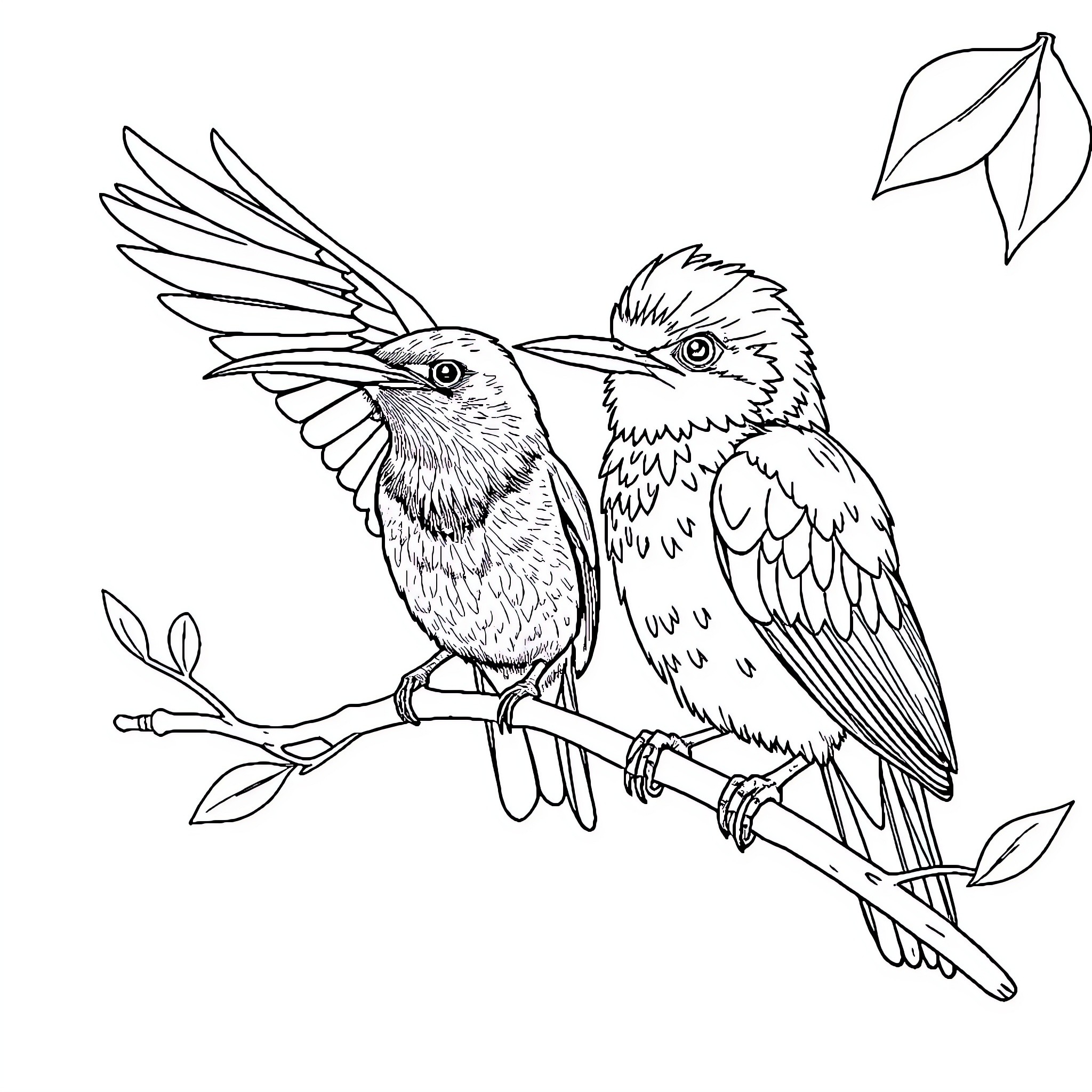 Bird pair perched on branch with leaves Coloring Page (free black-and-white line drawing printable PDF for all, from beginners to advanced learners, including children, teens, adults, and seniors)