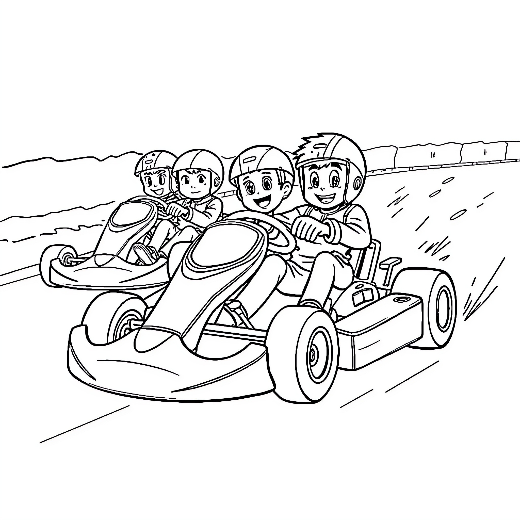Go Kart Racing with Friends Coloring Page (free black-and-white line drawing printable PDF for all, from beginners to advanced learners, including children, teens, adults, and seniors)