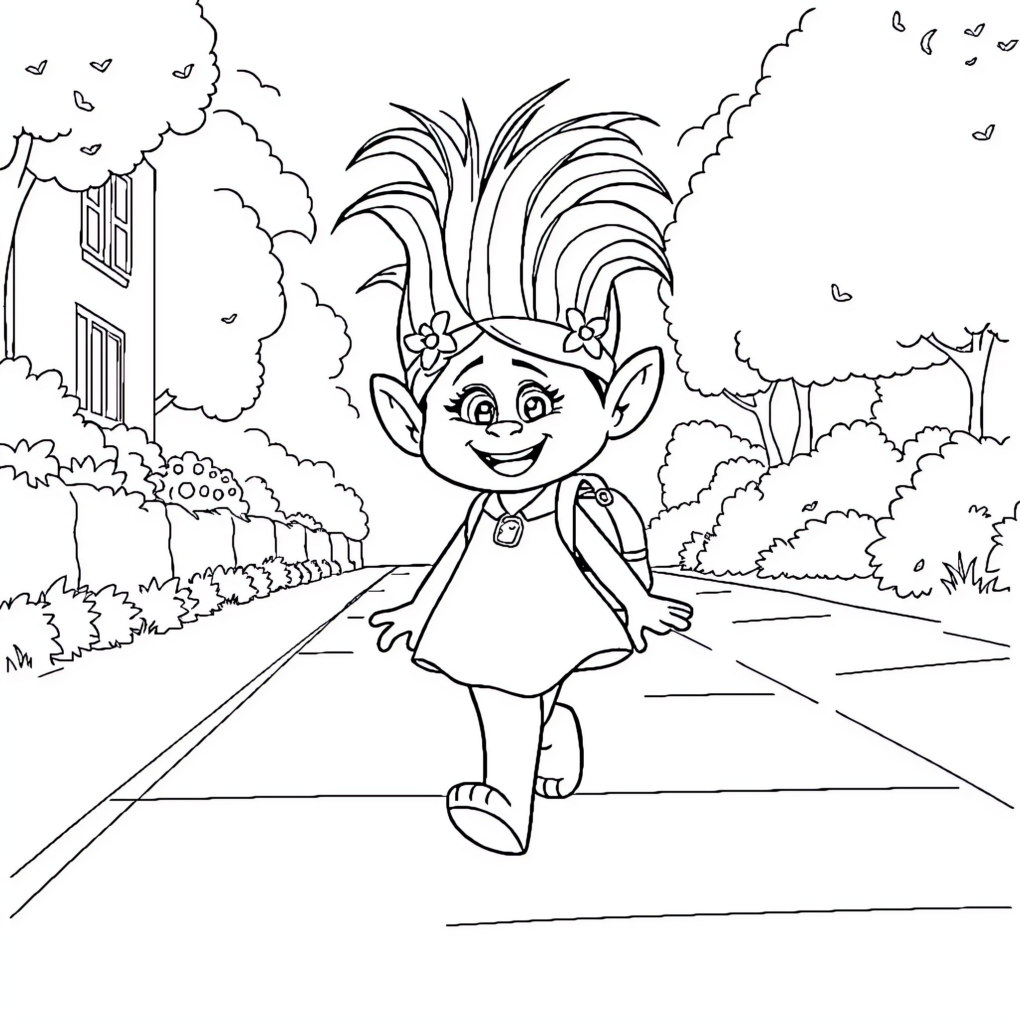 Poppi's Joyful Adventure in the Enchanted Forest Coloring Page (free black-and-white line drawing printable PDF for all, from beginners to advanced learners, including children, teens, adults, and seniors)