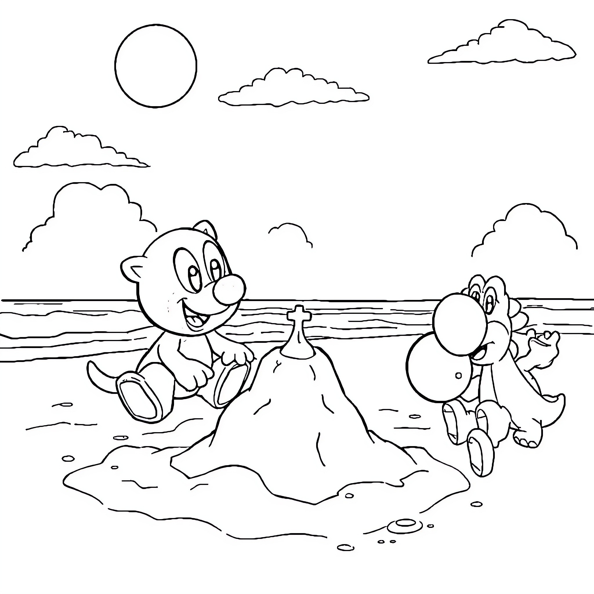 Bluey's Beachside Adventure Coloring Page (free black-and-white line drawing printable PDF for all, from beginners to advanced learners, including children, teens, adults, and seniors)
