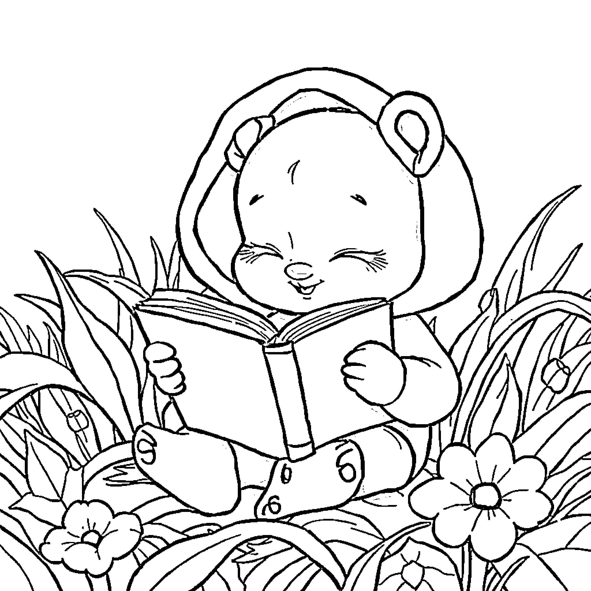Hippo reading a book surrounded by flowers Coloring Page (free black-and-white line drawing printable PDF for all, from beginners to advanced learners, including children, teens, adults, and seniors)