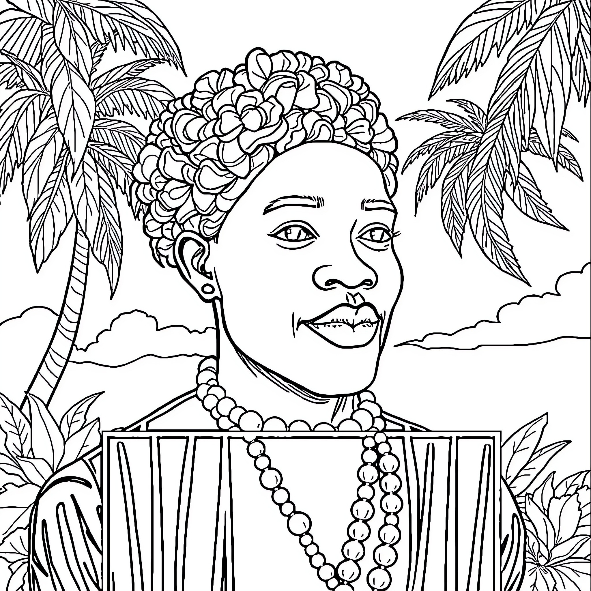 National Awards Ceremony with Vibrant Attire and Tropical Backdrop Coloring Page (free black-and-white line drawing printable PDF for all, from beginners to advanced learners, including children, teens, adults, and seniors)