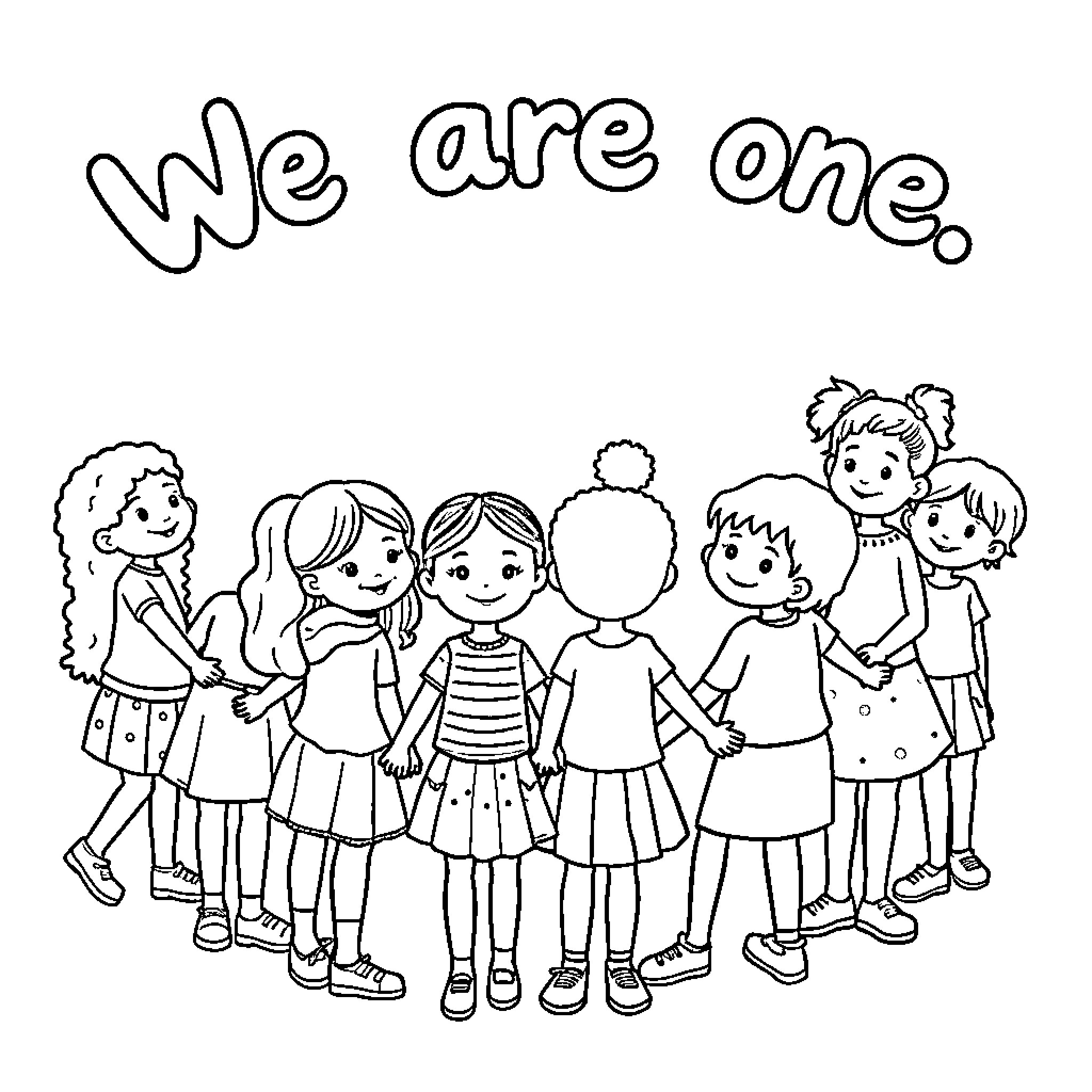 Kid Holding Hands Together with Friends Coloring Page (free black-and-white line drawing printable PDF for all, from beginners to advanced learners, including children, teens, adults, and seniors)