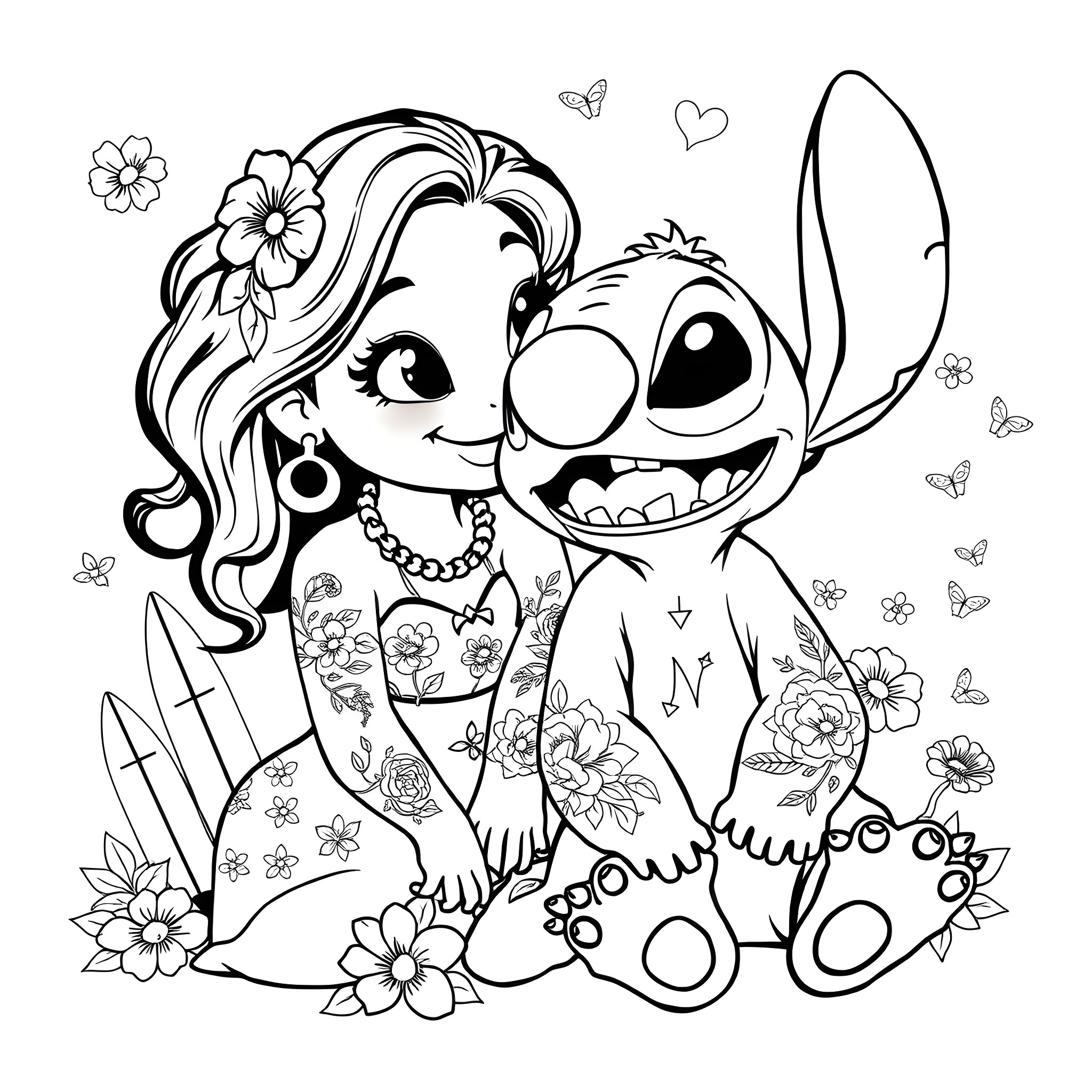 Lilo & Stitch's Joyful Friendship Coloring Page (free black-and-white line drawing printable PDF for all, from beginners to advanced learners, including children, teens, adults, and seniors)