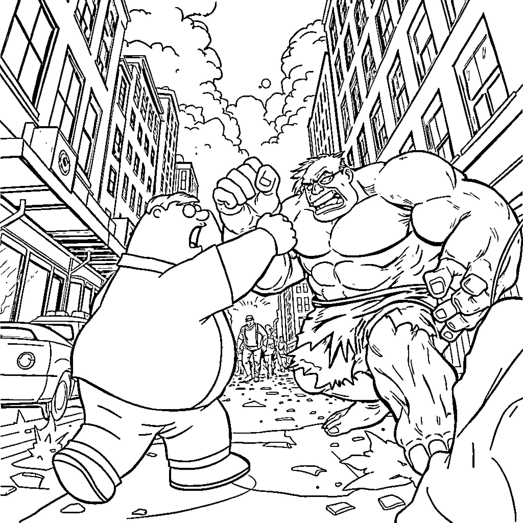 Peter Griffin battles a monstrous creature in the city Coloring Page (free black-and-white line drawing printable PDF for all, from beginners to advanced learners, including children, teens, adults, and seniors)